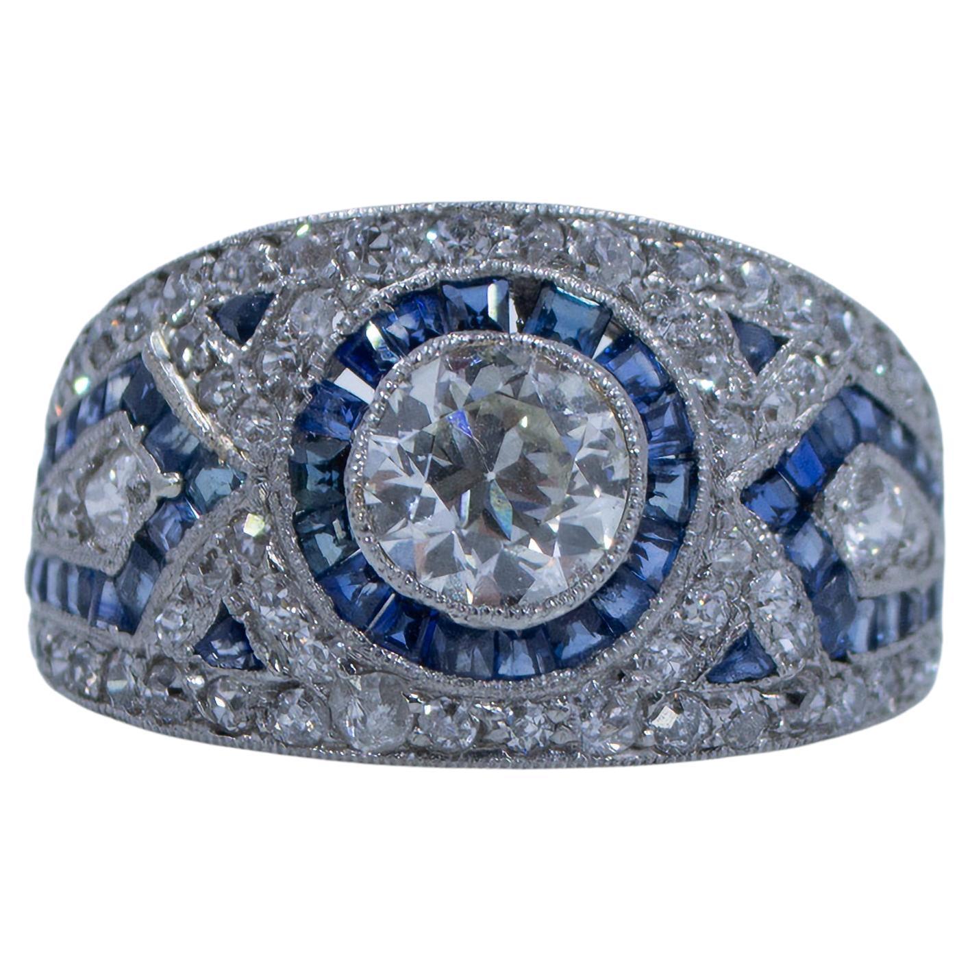 Circa 1920's Art Deco Platinum Pave Diamond and Blue Sapphire Ring