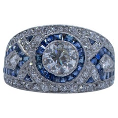 Antique Circa 1920's Art Deco Platinum Pave Diamond and Blue Sapphire Ring