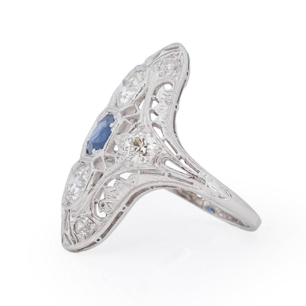 Women's Circa 1920's Art Deco Platinum Vintage Three Stone Open Work Antique Shield Ring For Sale