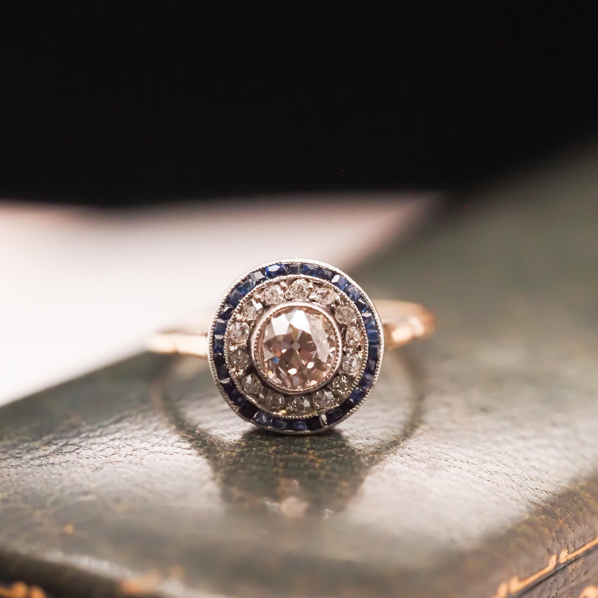 Circa 1920s Art Deco Sapphire and Diamond Target Engagement Ring 1