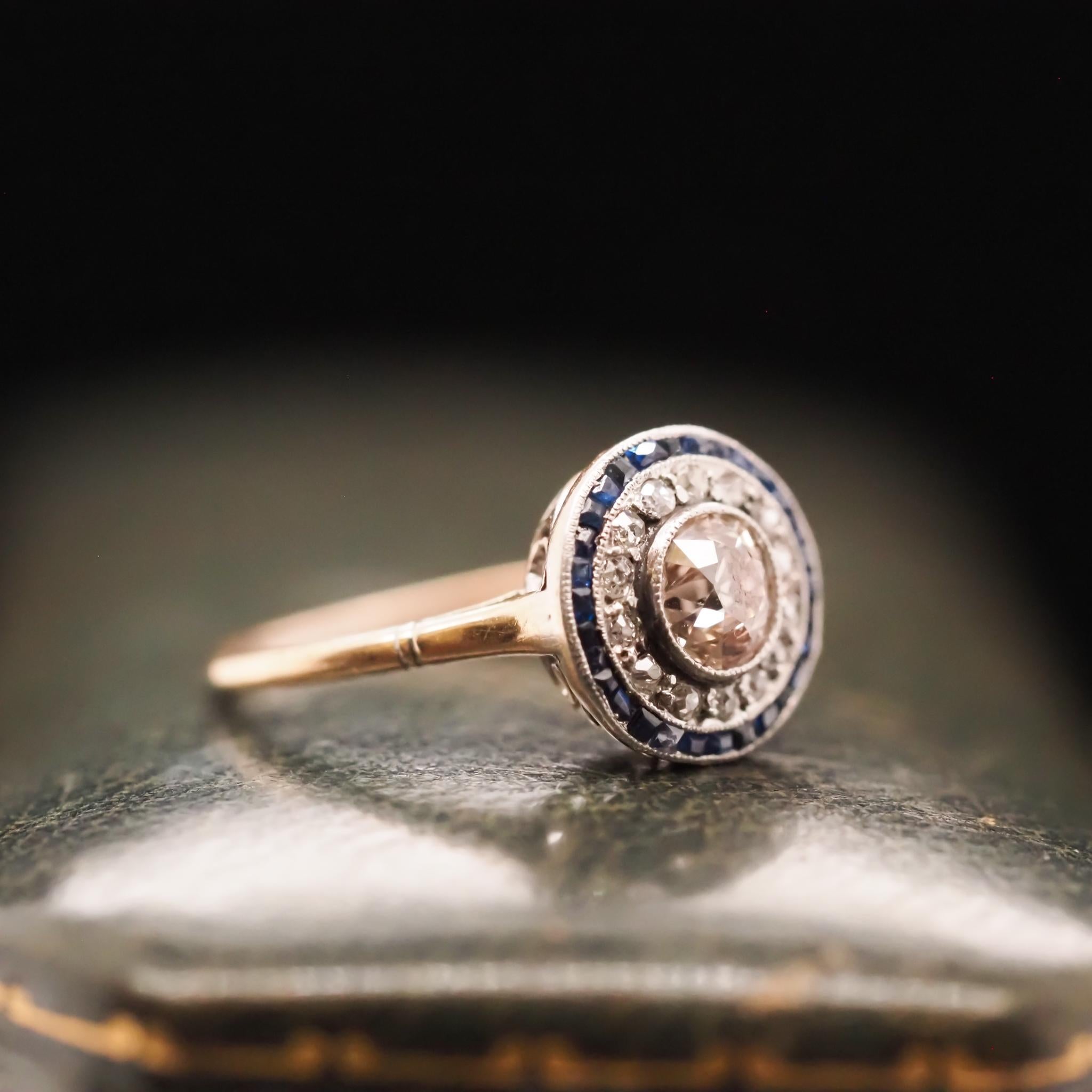 Circa 1920s Art Deco Sapphire and Diamond Target Engagement Ring 2