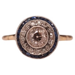 Antique Circa 1920s Art Deco Sapphire and Diamond Target Engagement Ring