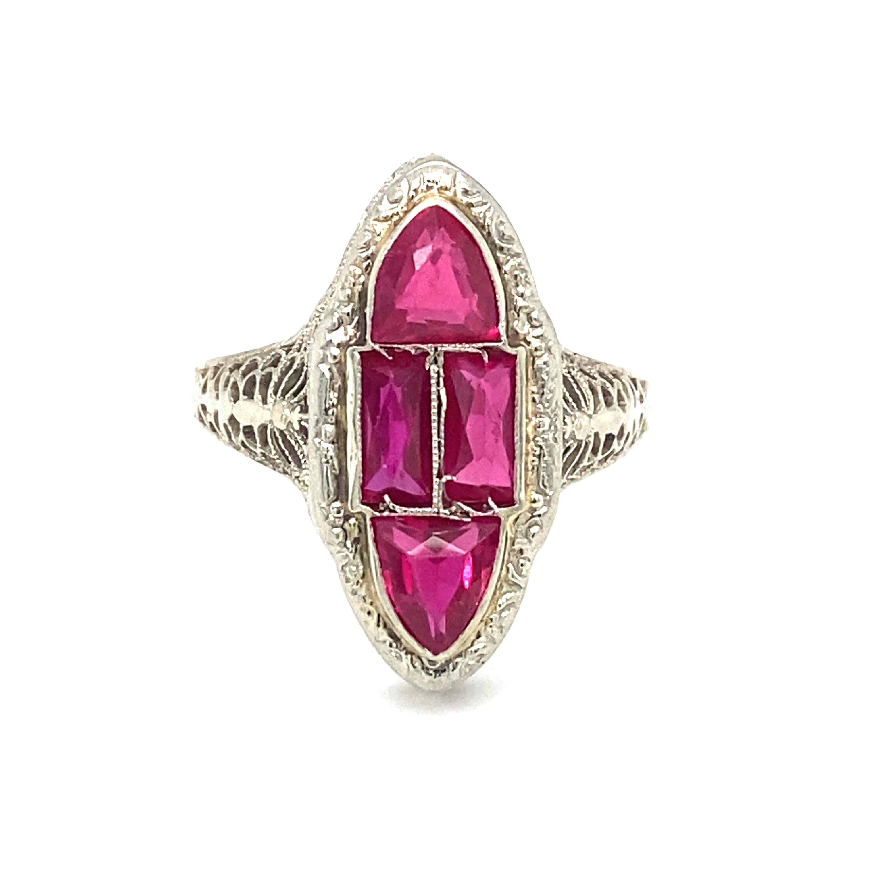 Circa 1920s Art Deco Simulated Ruby Cocktail Ring in 14 Karat White Gold In Excellent Condition For Sale In Atlanta, GA