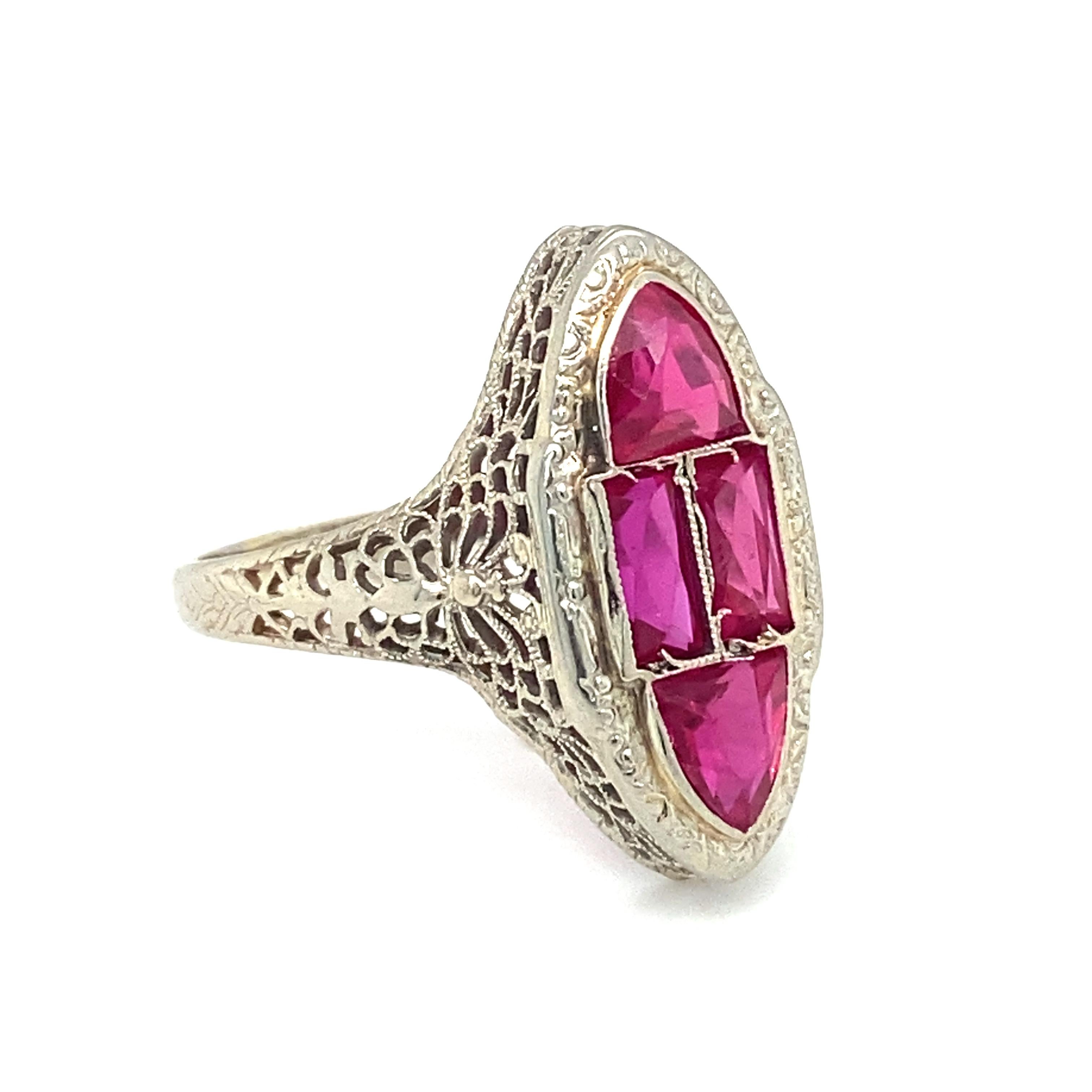 Women's or Men's Circa 1920s Art Deco Simulated Ruby Cocktail Ring in 14 Karat White Gold For Sale