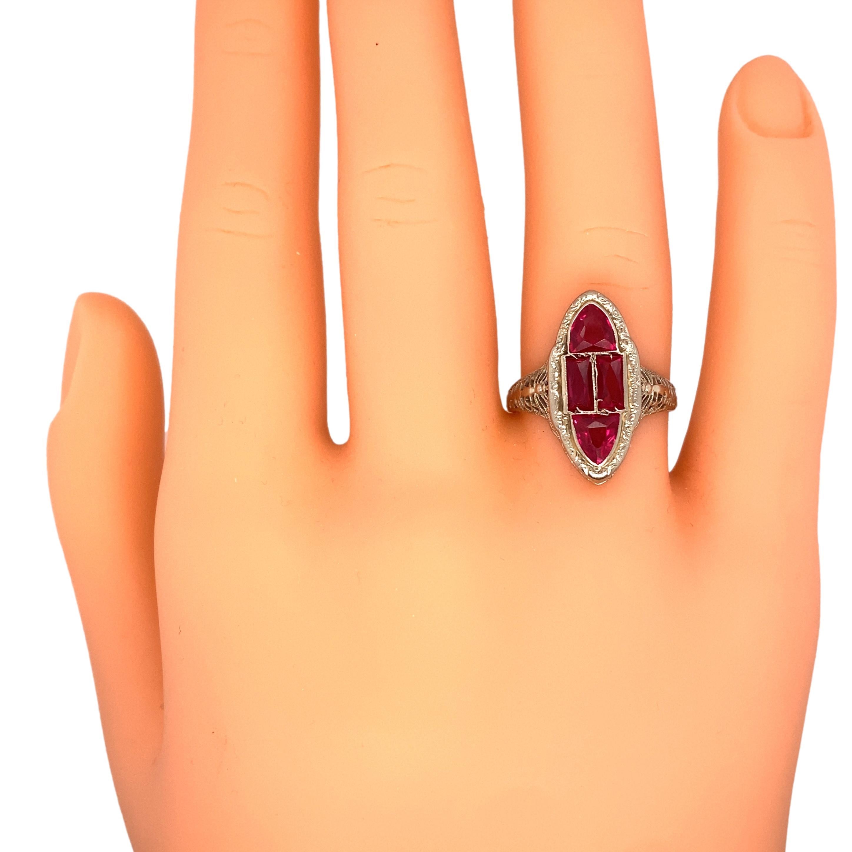Circa 1920s Art Deco Simulated Ruby Cocktail Ring in 14 Karat White Gold For Sale 2