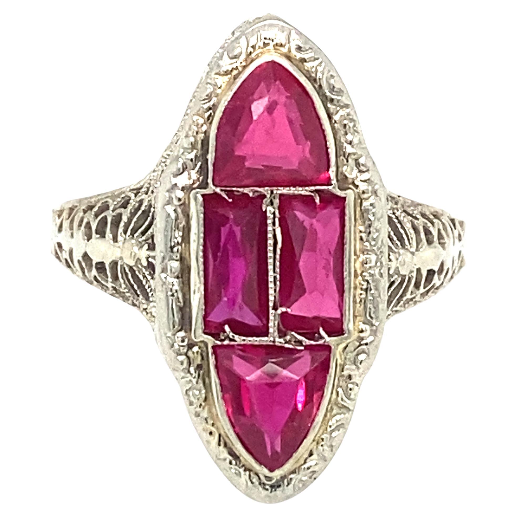 Circa 1920s Art Deco Simulated Ruby Cocktail Ring in 14 Karat White Gold For Sale