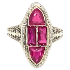 Antique Circa 1920s Art Deco Simulated Ruby Cocktail Ring in 14 Karat White Gold