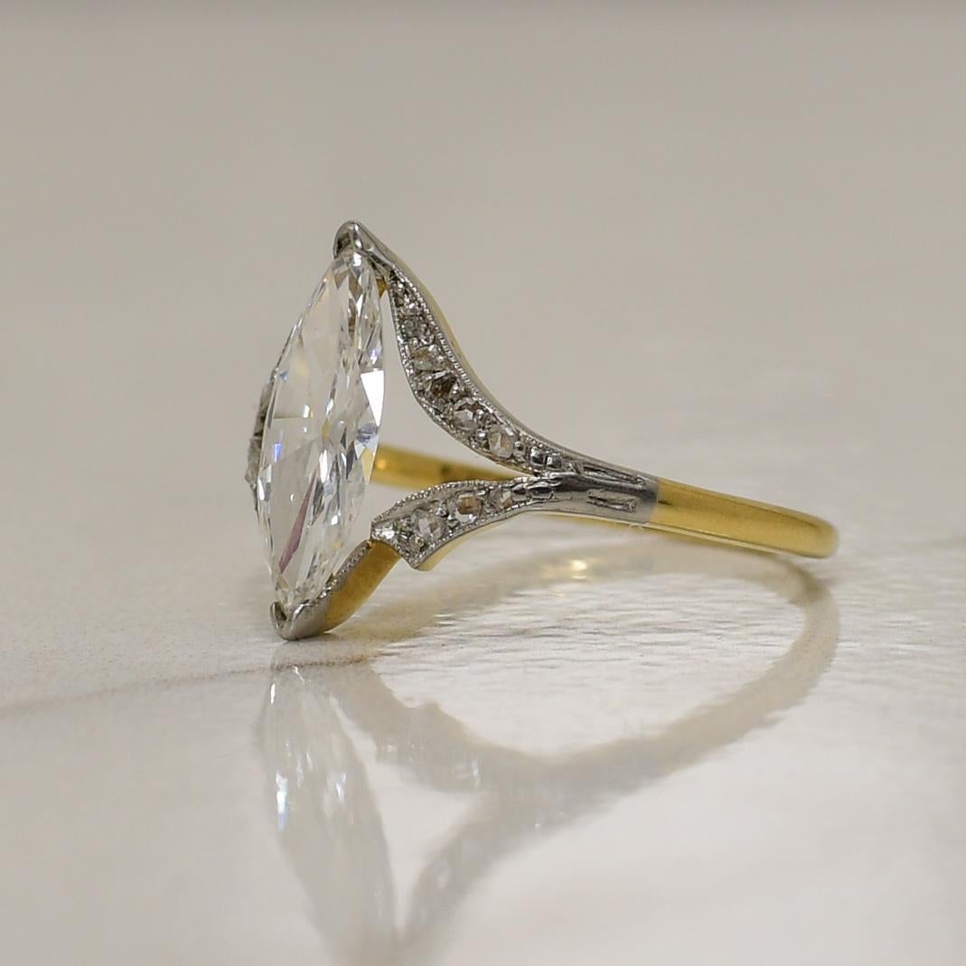 Circa 1920's Art Deco Two Tone 18k GIA Certified 1.04Ct Marquee Cut Vintage In Good Condition In Addison, TX