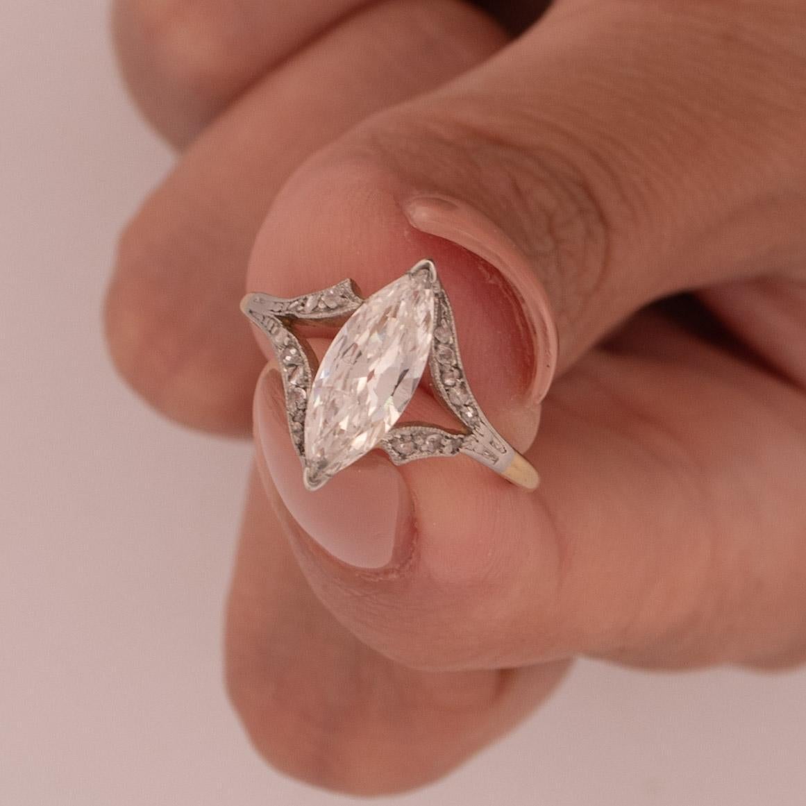 Circa 1920's Art Deco Two Tone 18k GIA Certified 1.04Ct Marquee Cut Vintage 2