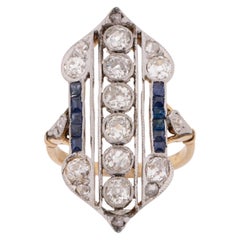 Circa 1920's Art Deco Two Tone 18K Sapphire and Diamond Vintage Shield Ring
