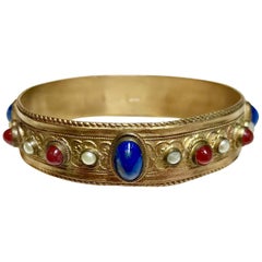Antique Circa 1920s Austrian Lapis-Blue Glass Cabocon Jeweled Bangle
