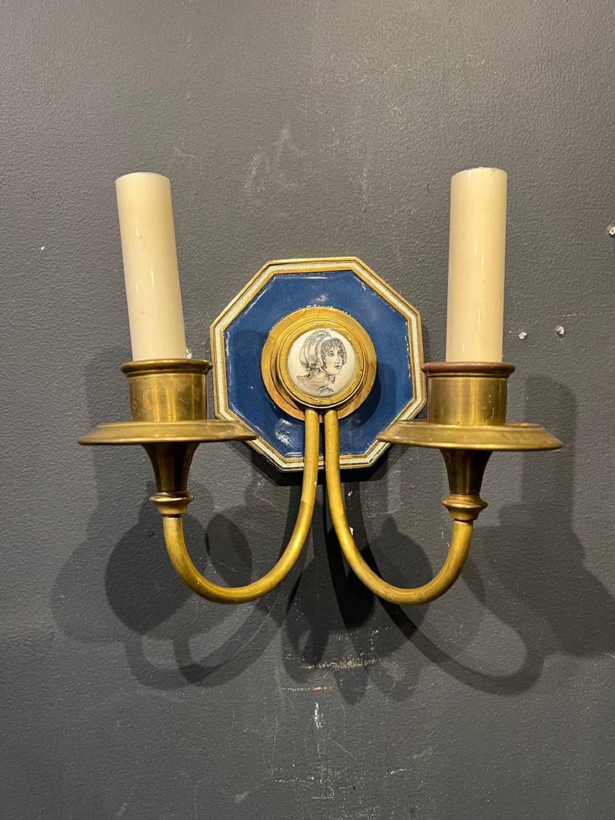 American Classical Caldwell Porcelain Backplate Blue Sconces, circa 1920s