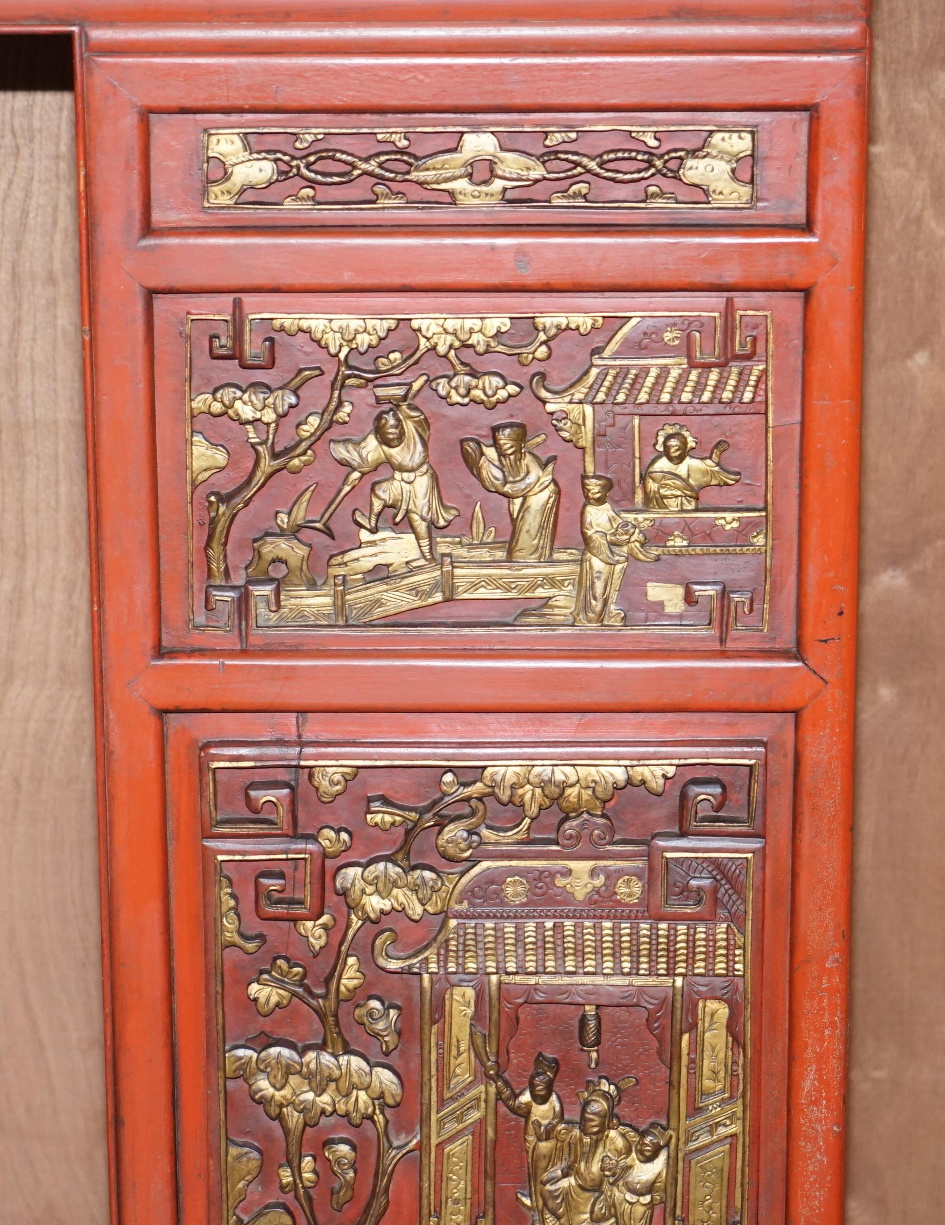 circa 1920's Chinese Fret Work Carved Red & Gold Painted Fire Surround Mantle 5
