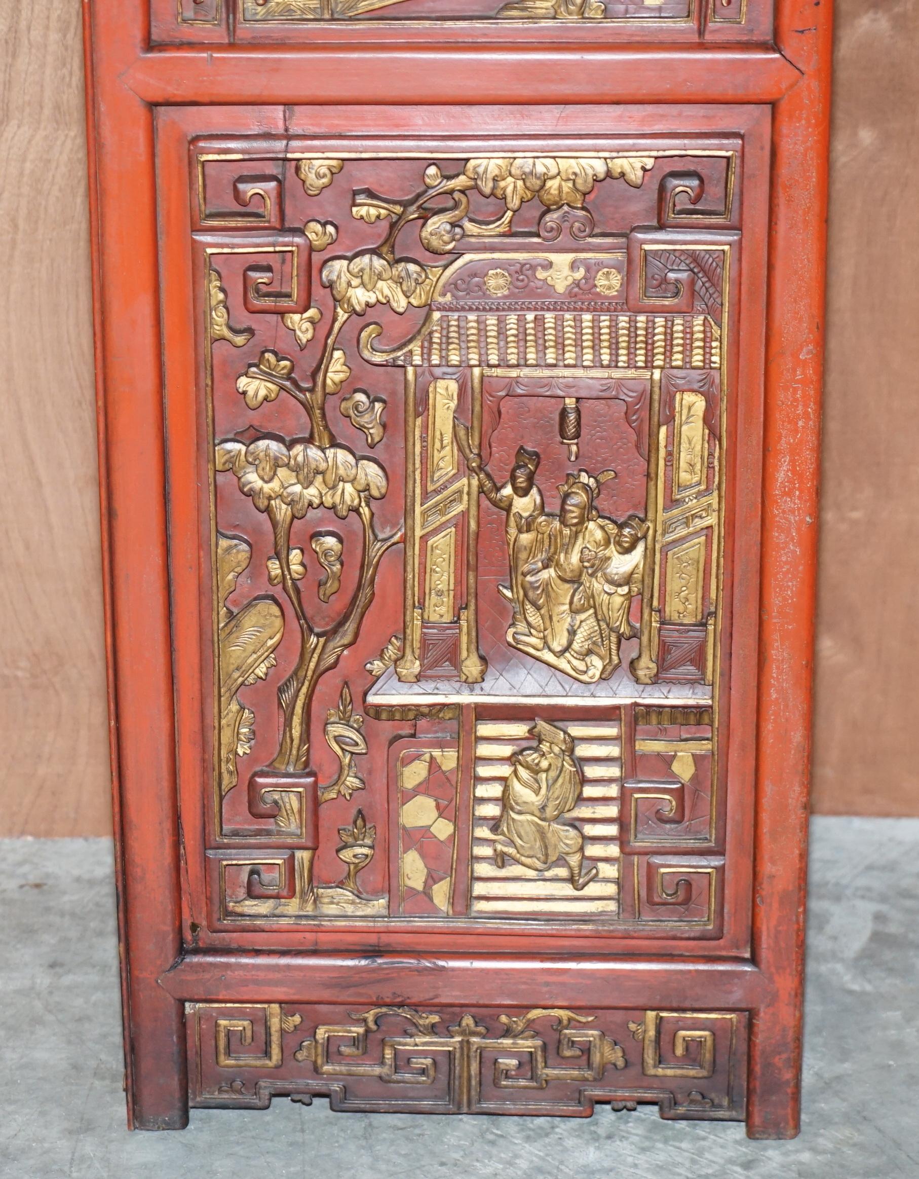 circa 1920's Chinese Fret Work Carved Red & Gold Painted Fire Surround Mantle 6