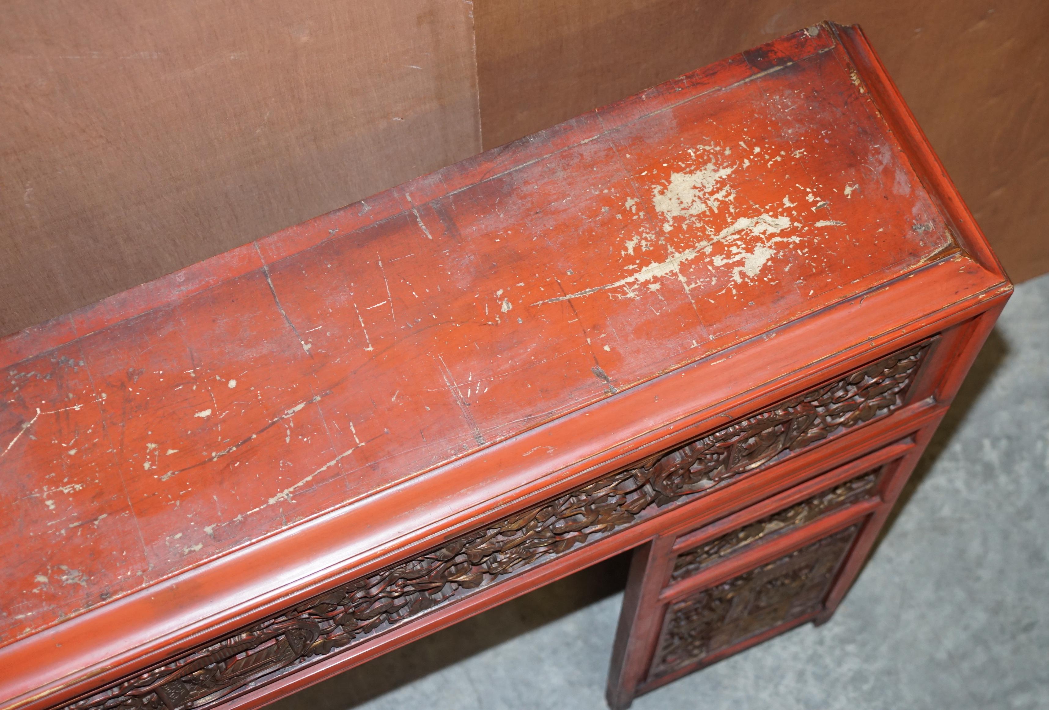 circa 1920's Chinese Fret Work Carved Red & Gold Painted Fire Surround Mantle 9