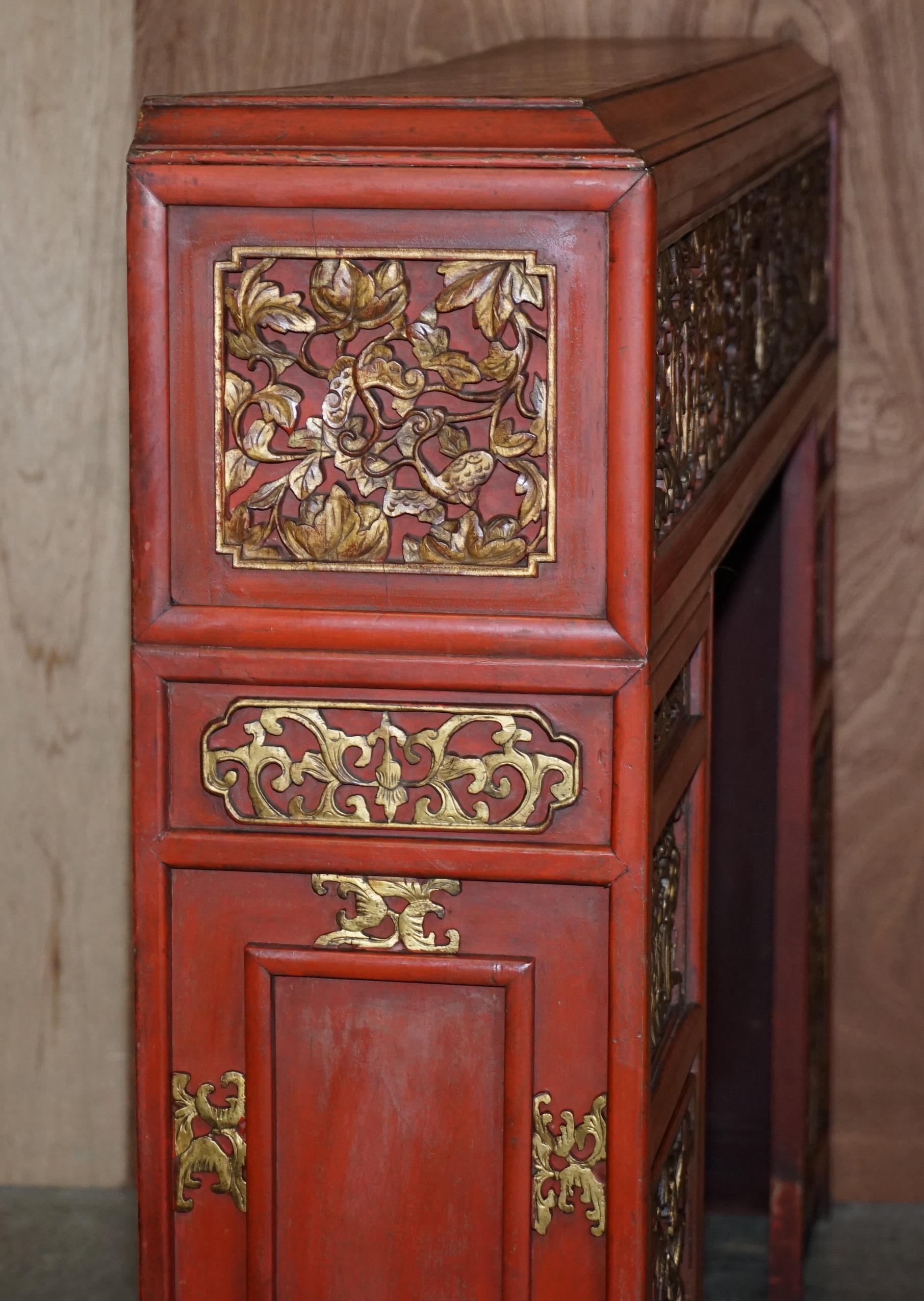 circa 1920's Chinese Fret Work Carved Red & Gold Painted Fire Surround Mantle 11