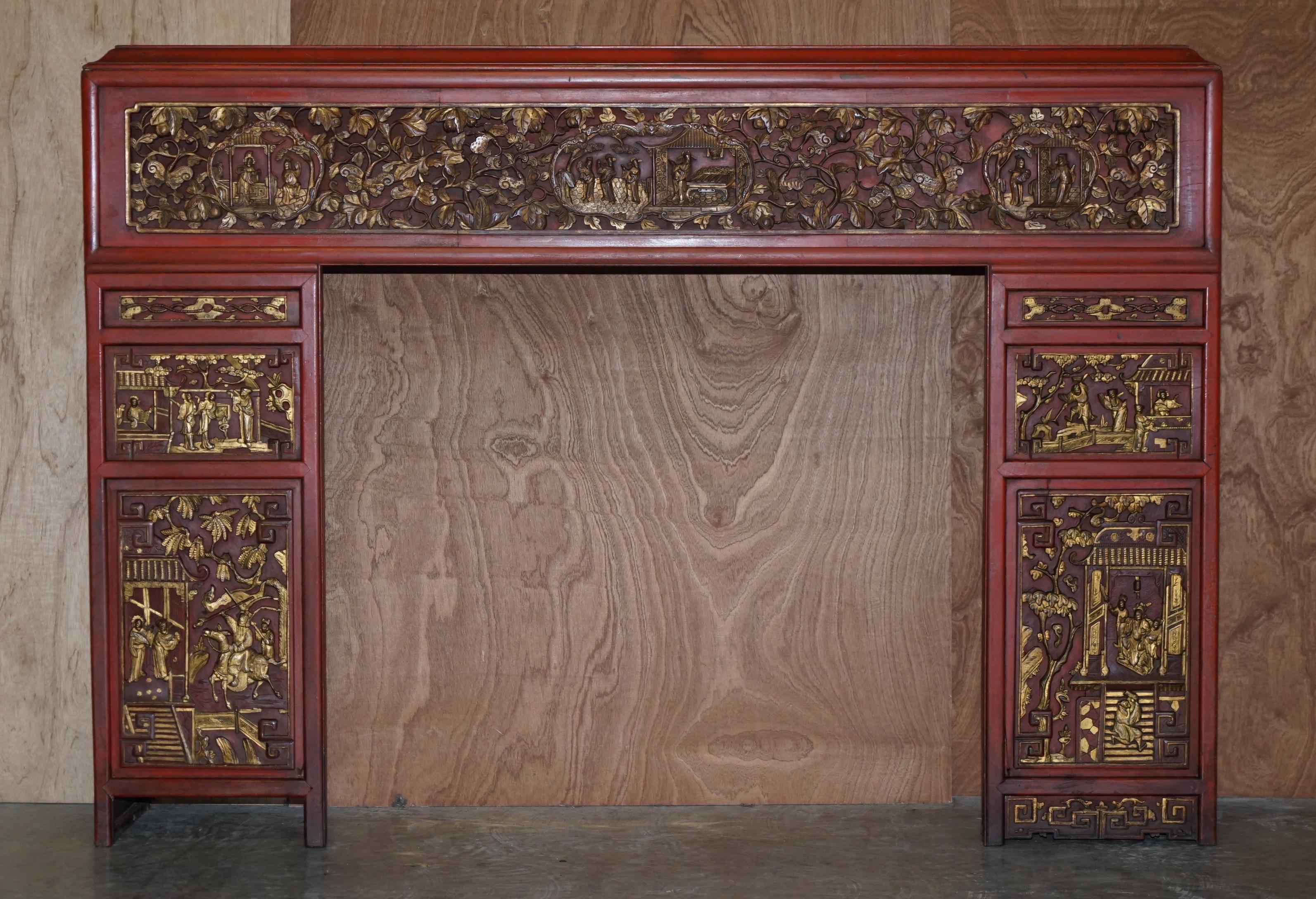 We are delighted to offer this lovely antique circa 1920 hand painted and lacquered Chinese fret work carved mantle piece fire surround

A very good looking and well made piece, these types of surrounds are now highly collectable as art furniture.
