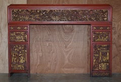 circa 1920's Chinese Fret Work Carved Red & Gold Painted Fire Surround Mantle