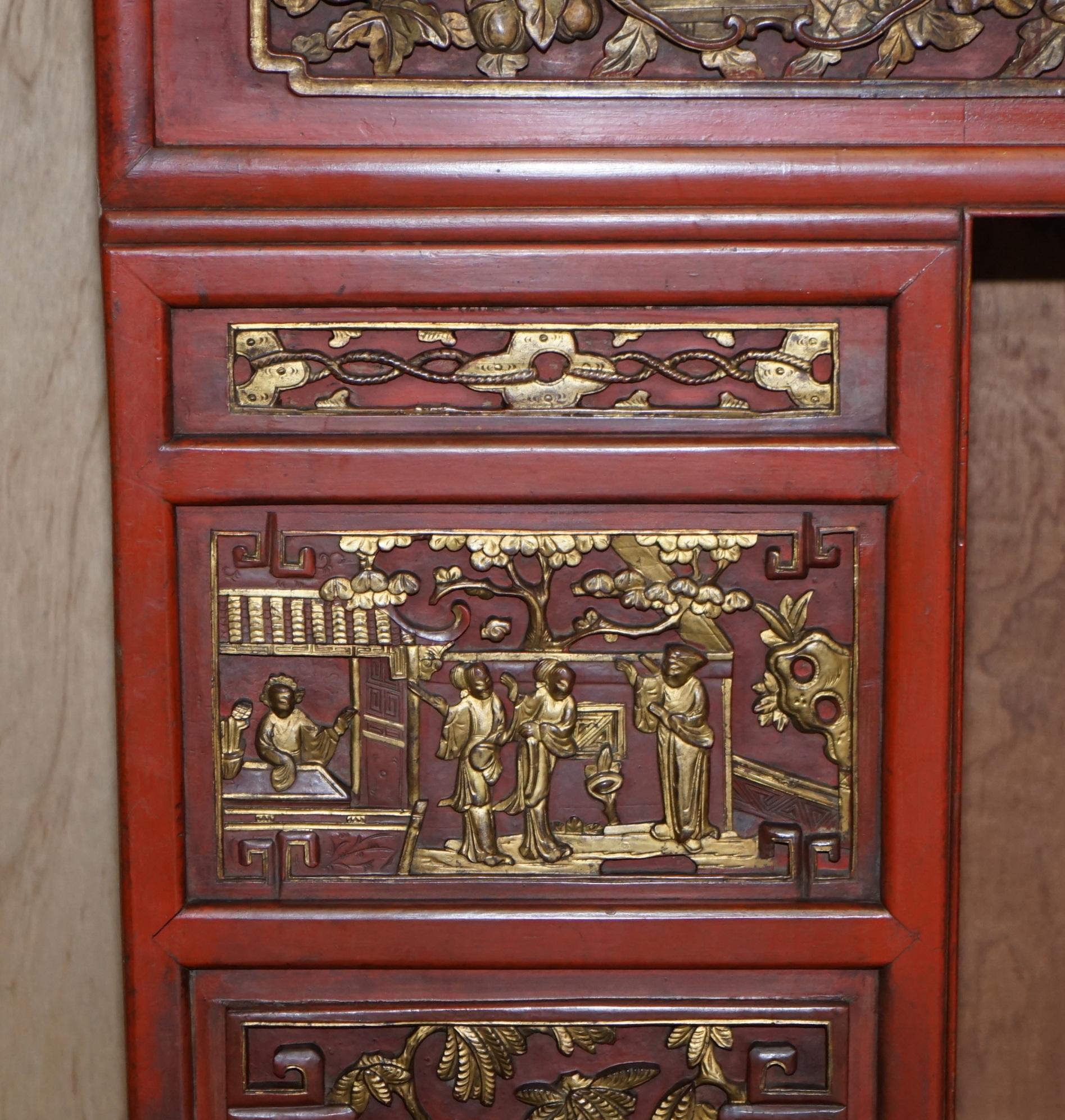 Hand-Crafted circa 1920's Chinese Fret Work Carved Red & Gold Painted Fire Surround Mantle