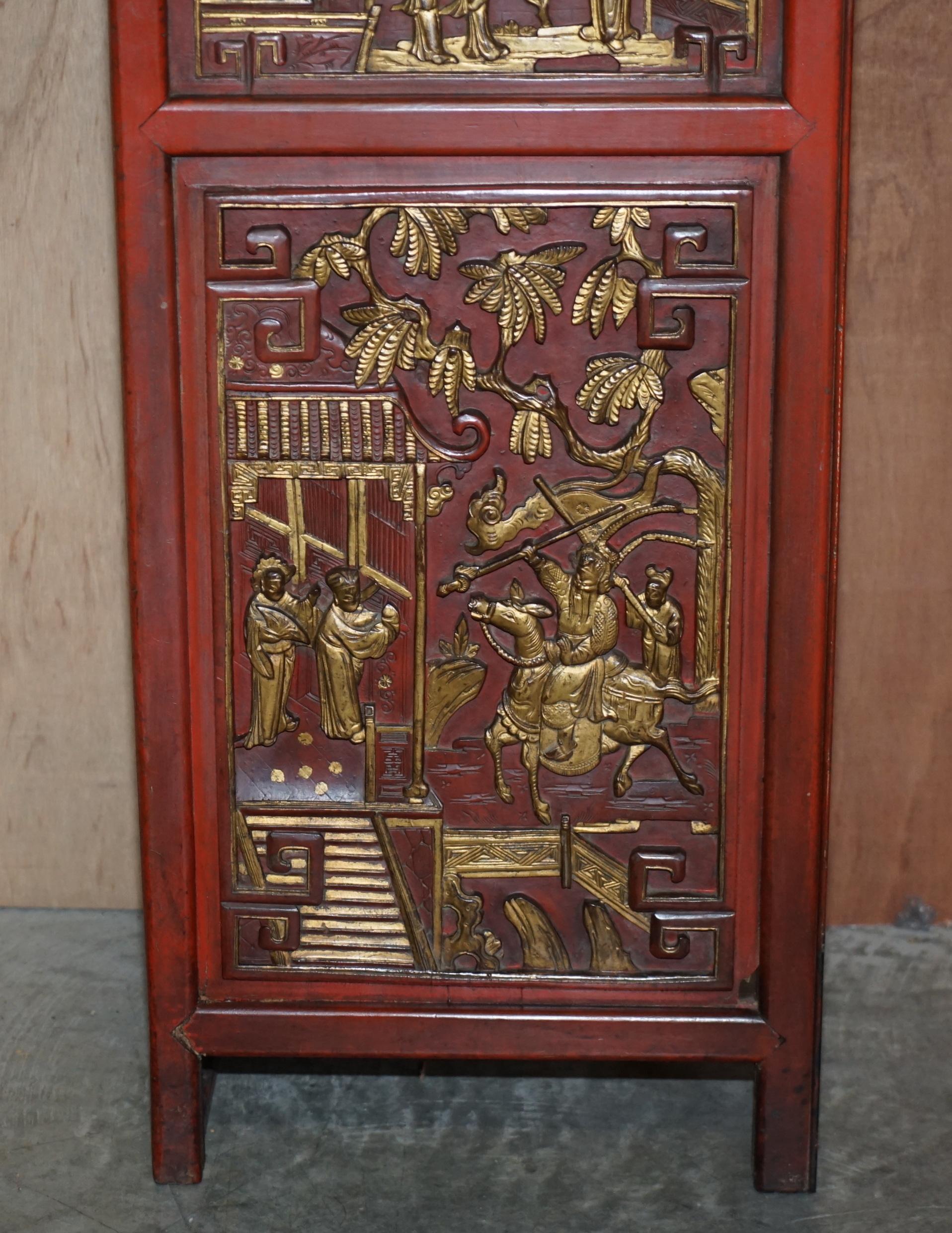 Early 20th Century circa 1920's Chinese Fret Work Carved Red & Gold Painted Fire Surround Mantle