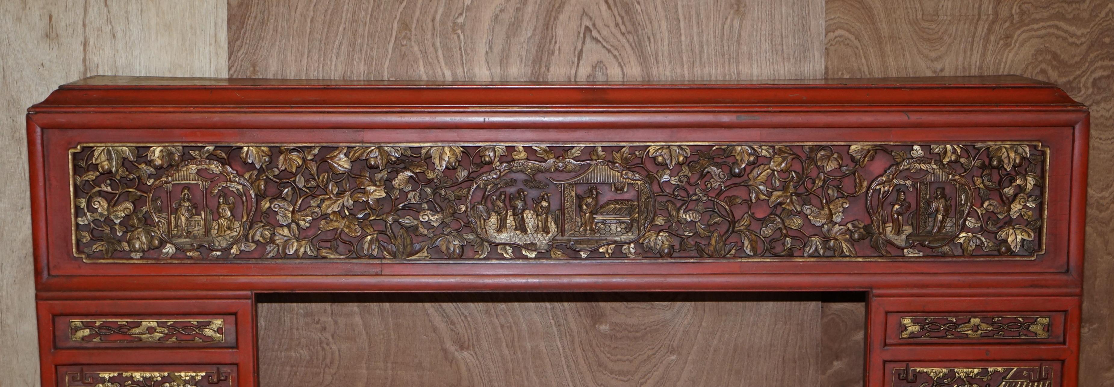 Elm circa 1920's Chinese Fret Work Carved Red & Gold Painted Fire Surround Mantle