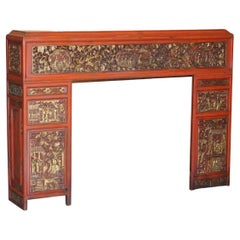 circa 1920's Chinese Fret Work Carved Red & Gold Painted Fire Surround Mantle