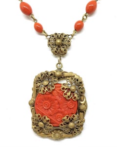 Circa 1920s Czech Coral Glass Pendant Necklace