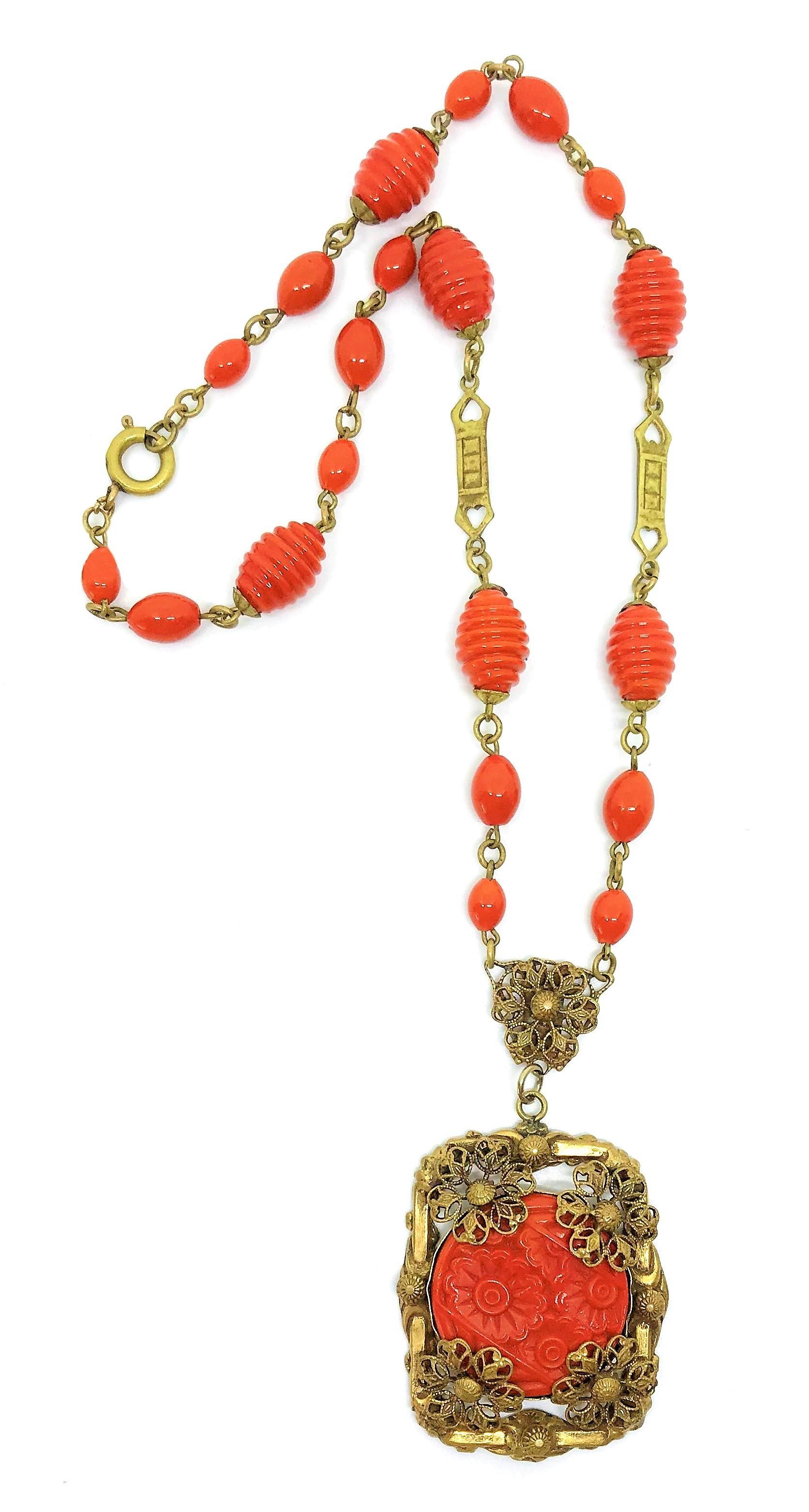 Art Deco Circa 1920s Czech Coral Glass Pendant Necklace For Sale
