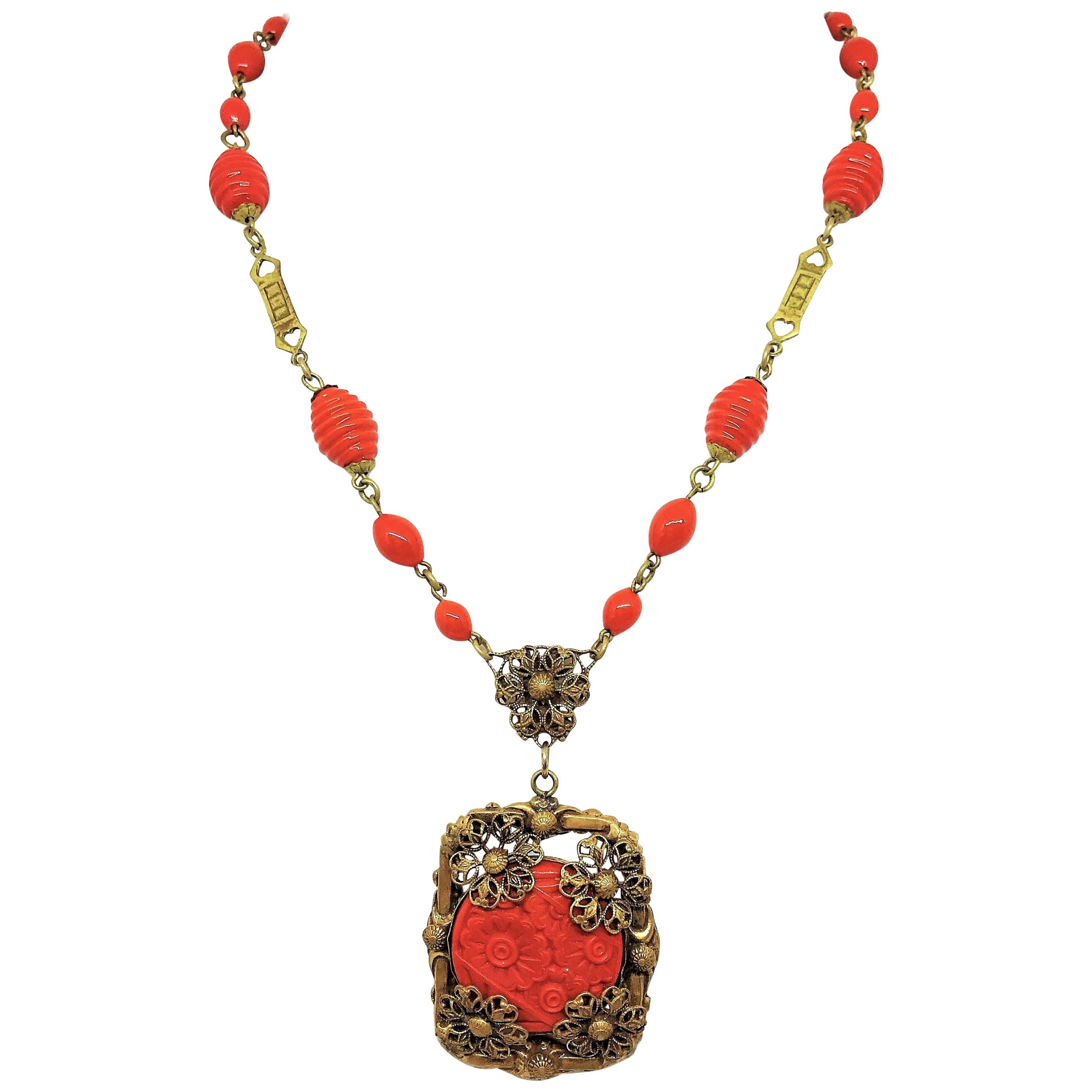 Circa 1920s Czech Coral Glass Pendant Necklace For Sale