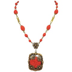 Antique Circa 1920s Czech Coral Glass Pendant Necklace