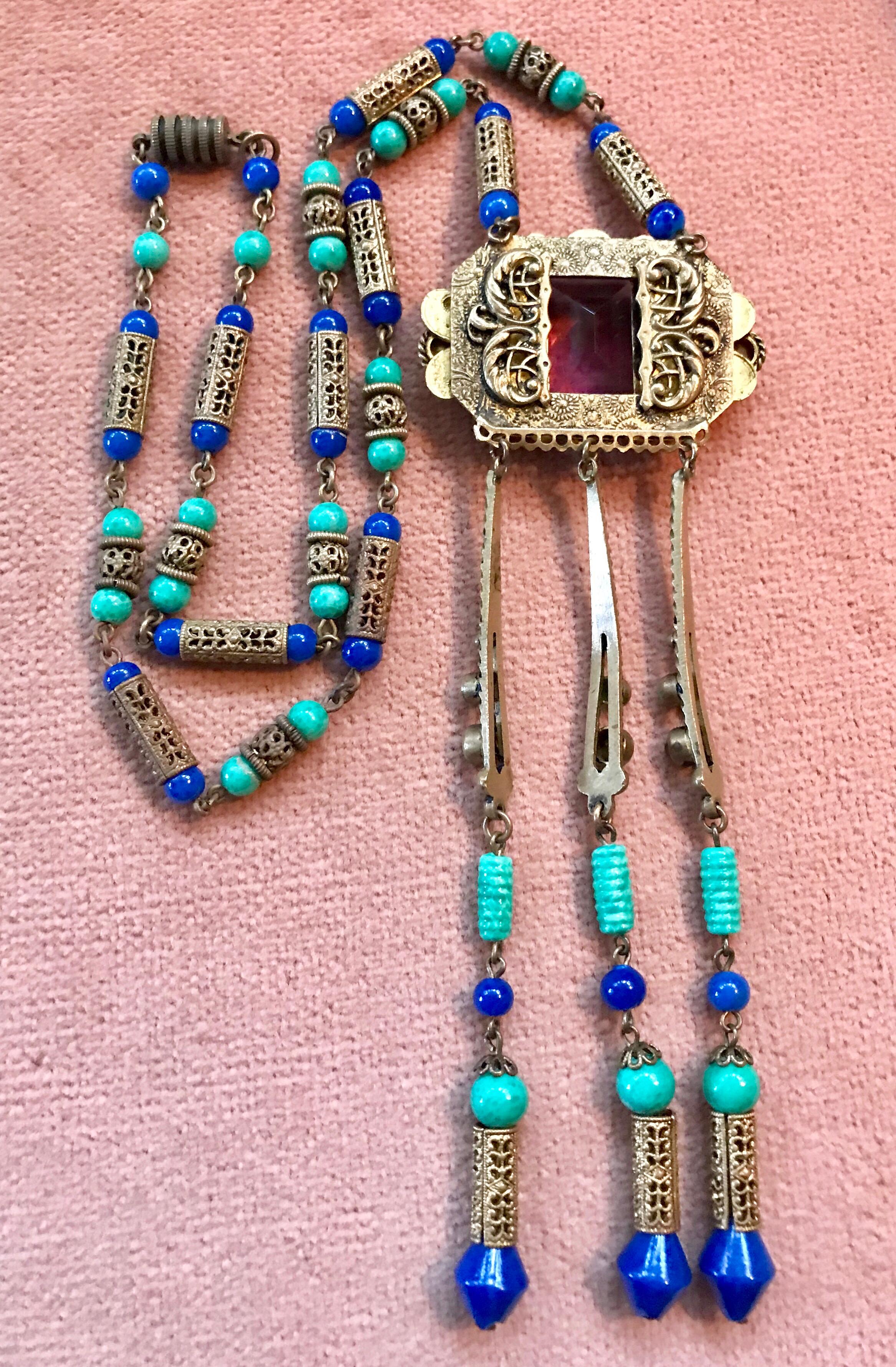 Circa 1920s Czech Egyptian Revival Pendant Necklace In Good Condition For Sale In Long Beach, CA