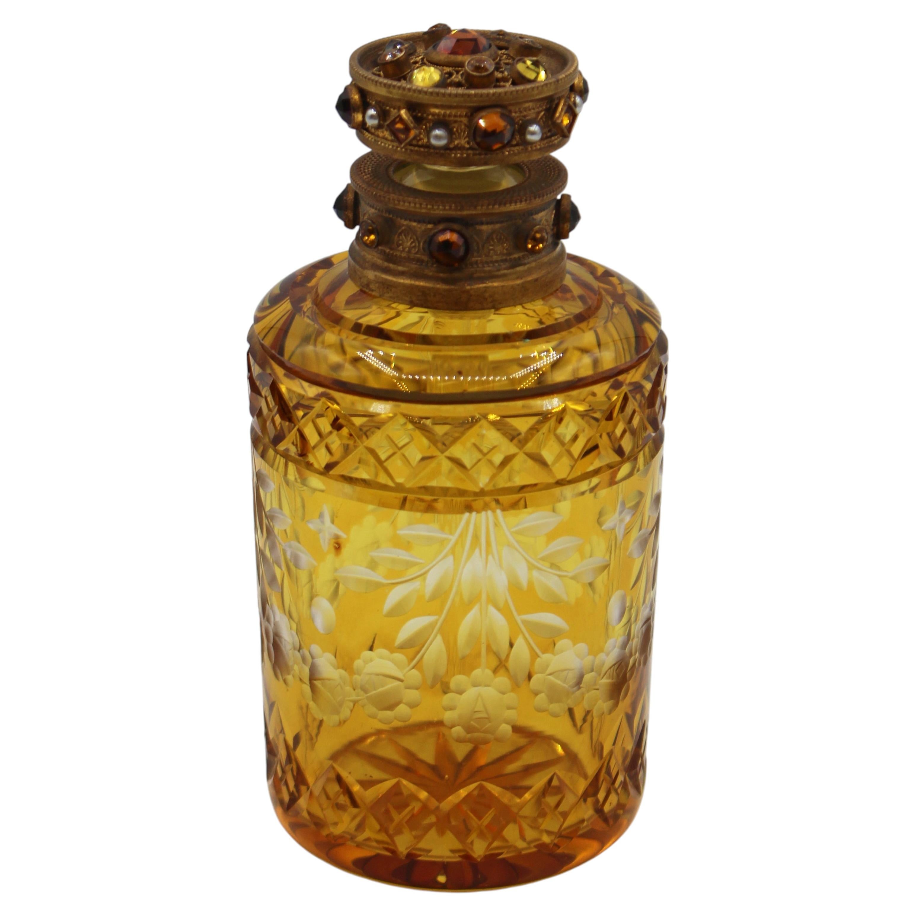 Circa 1920s Czech Gilt Brass & Cut Glass Perfume Bottle For Sale