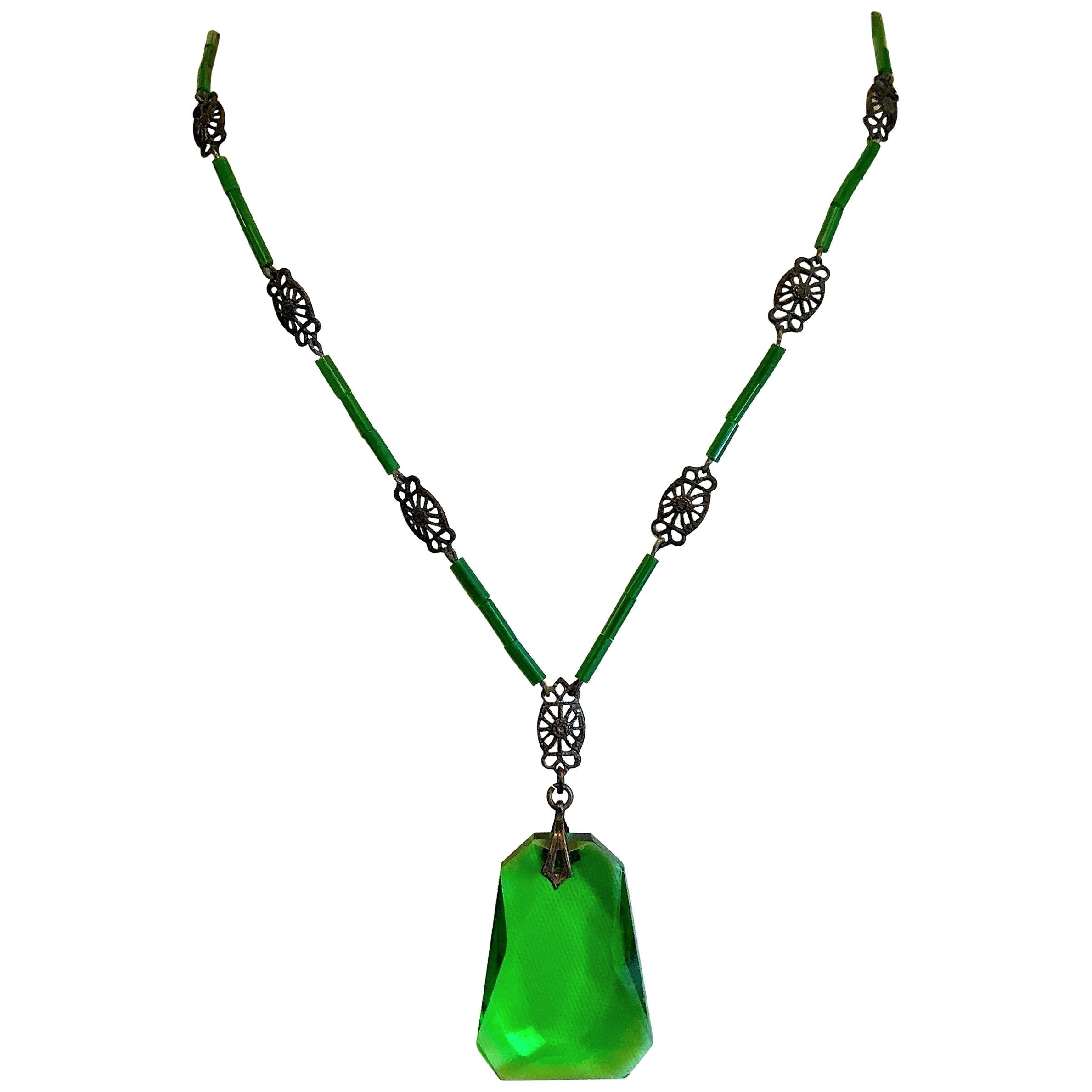 Circa 1920s Deco Era Green Faceted Glass Pendant Necklace  For Sale