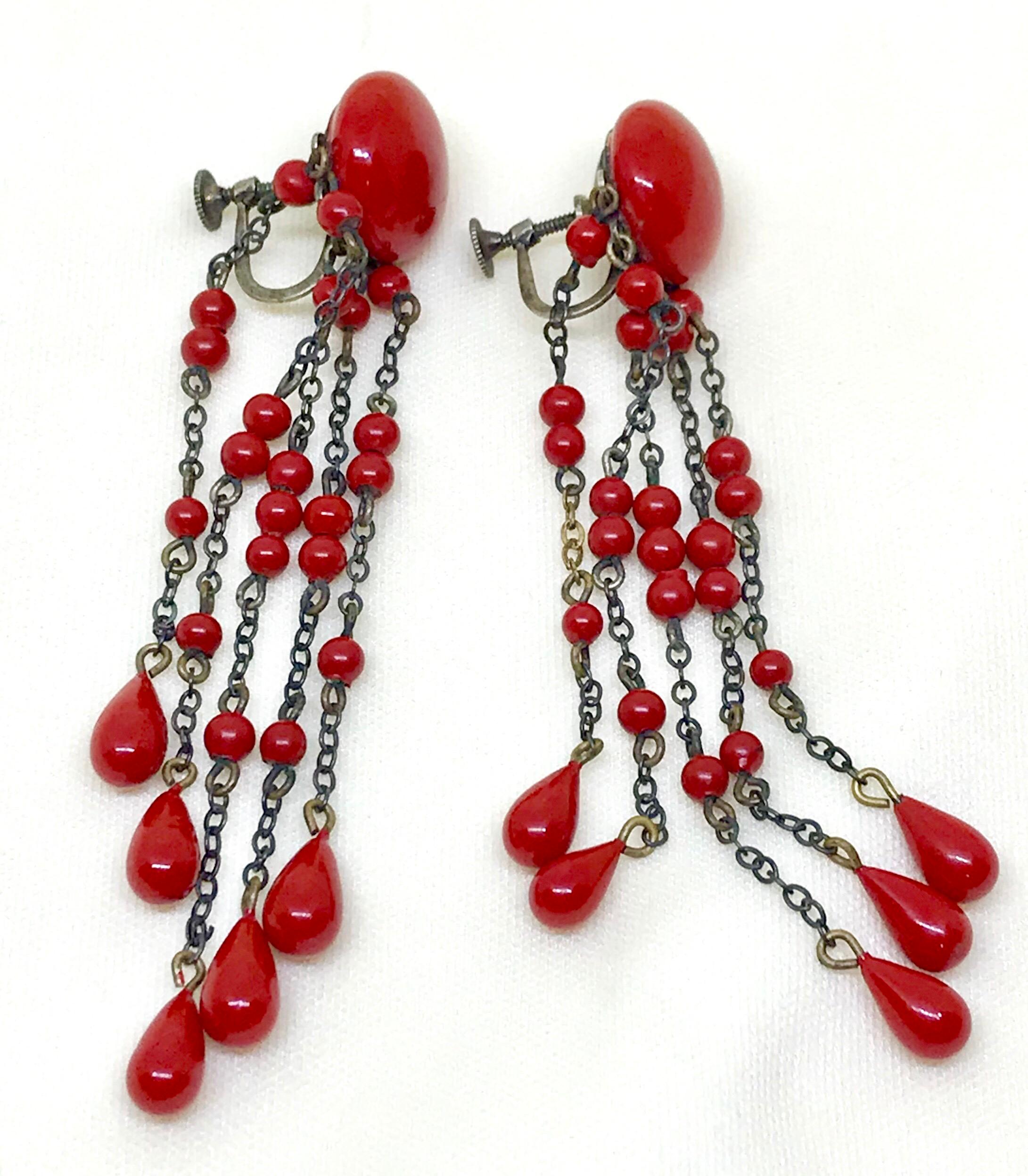 Art Deco Circa 1920s Deco-Era Red Bead Dangling Earrings  For Sale