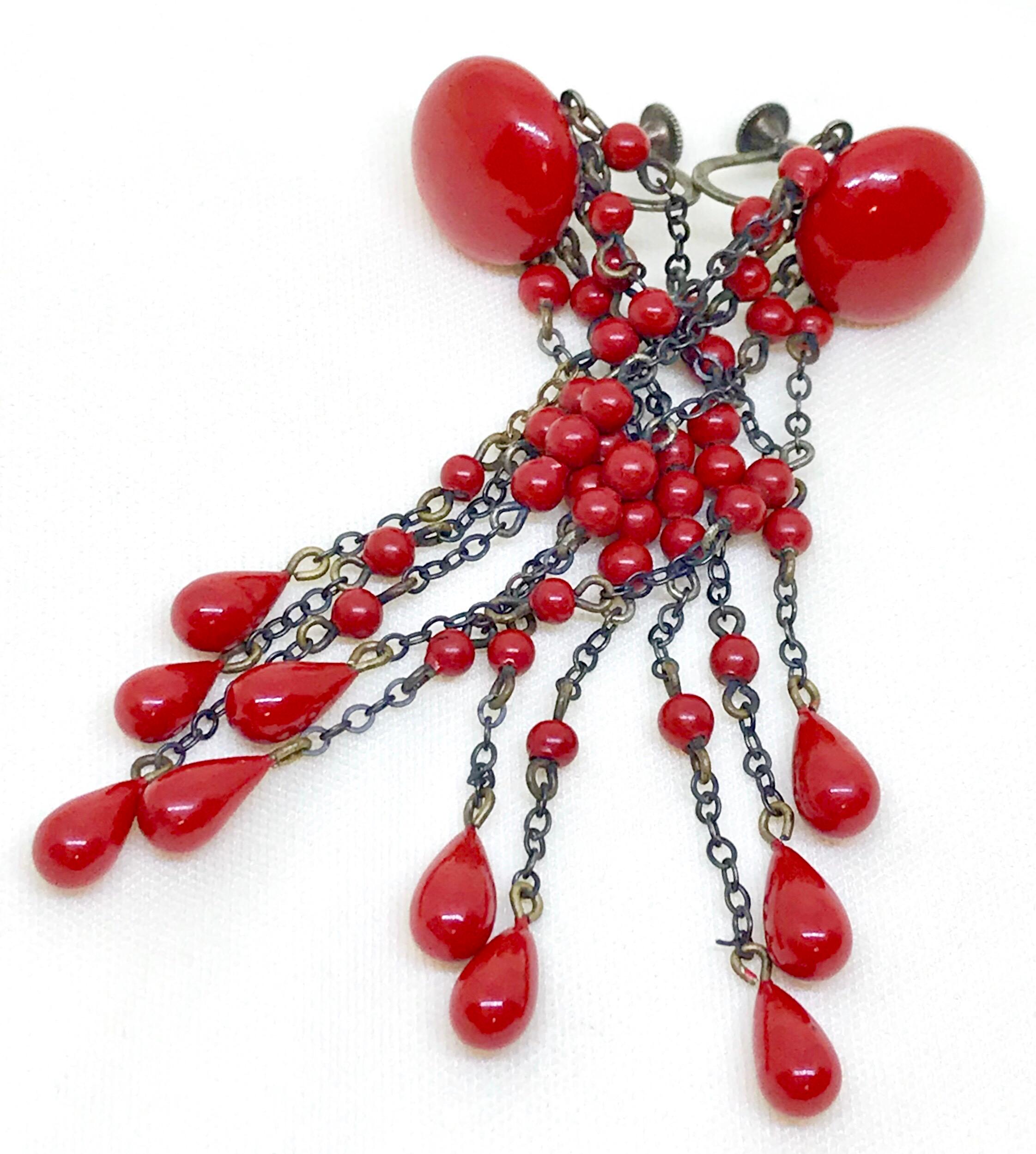 Women's Circa 1920s Deco-Era Red Bead Dangling Earrings  For Sale