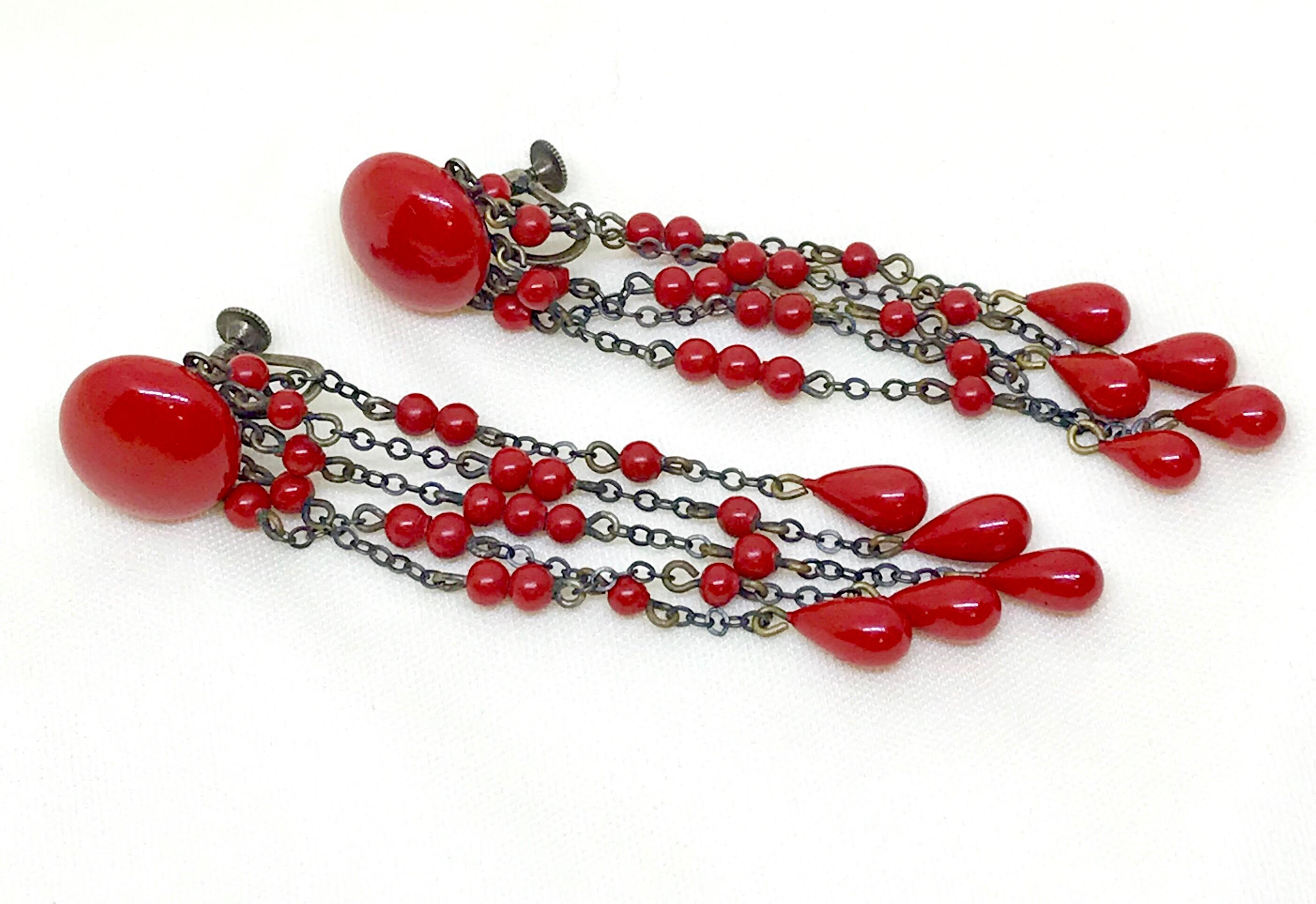 Circa 1920s Deco-Era Red Bead Dangling Earrings  For Sale 1