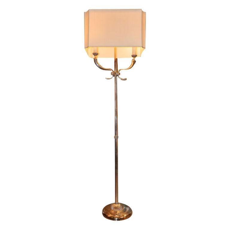 Circa 1920's Dolphin Silver Plated Floor Lamp with Silk Shade For Sale