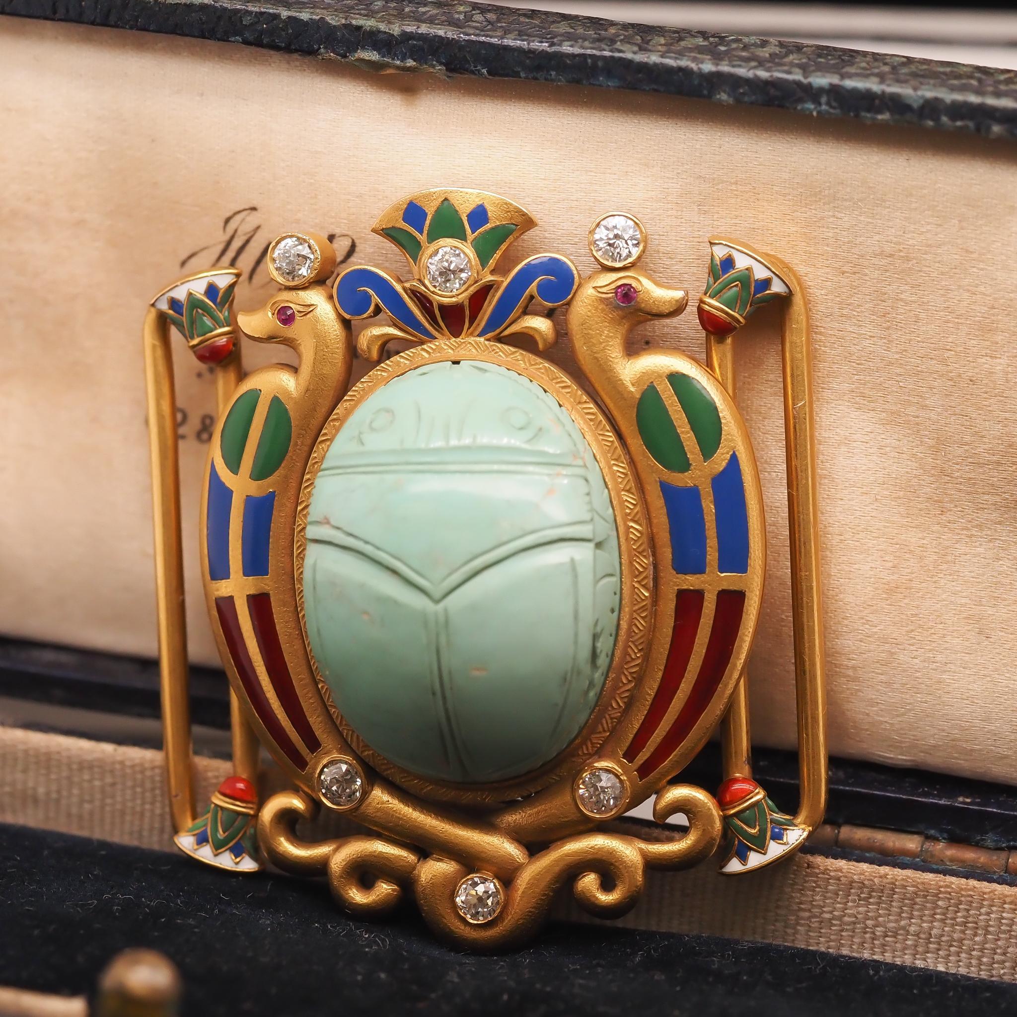 Item Details:
Metal Type: 18K Yellow Gold [Hallmarked, and Tested]
Weight: 41.2 grams
An incredibly rare and beautiful Egyptian Revival piece with a large center scarab. Enamel work is in pristine condition. A true 1 of 1 item.
Diamond Details:
