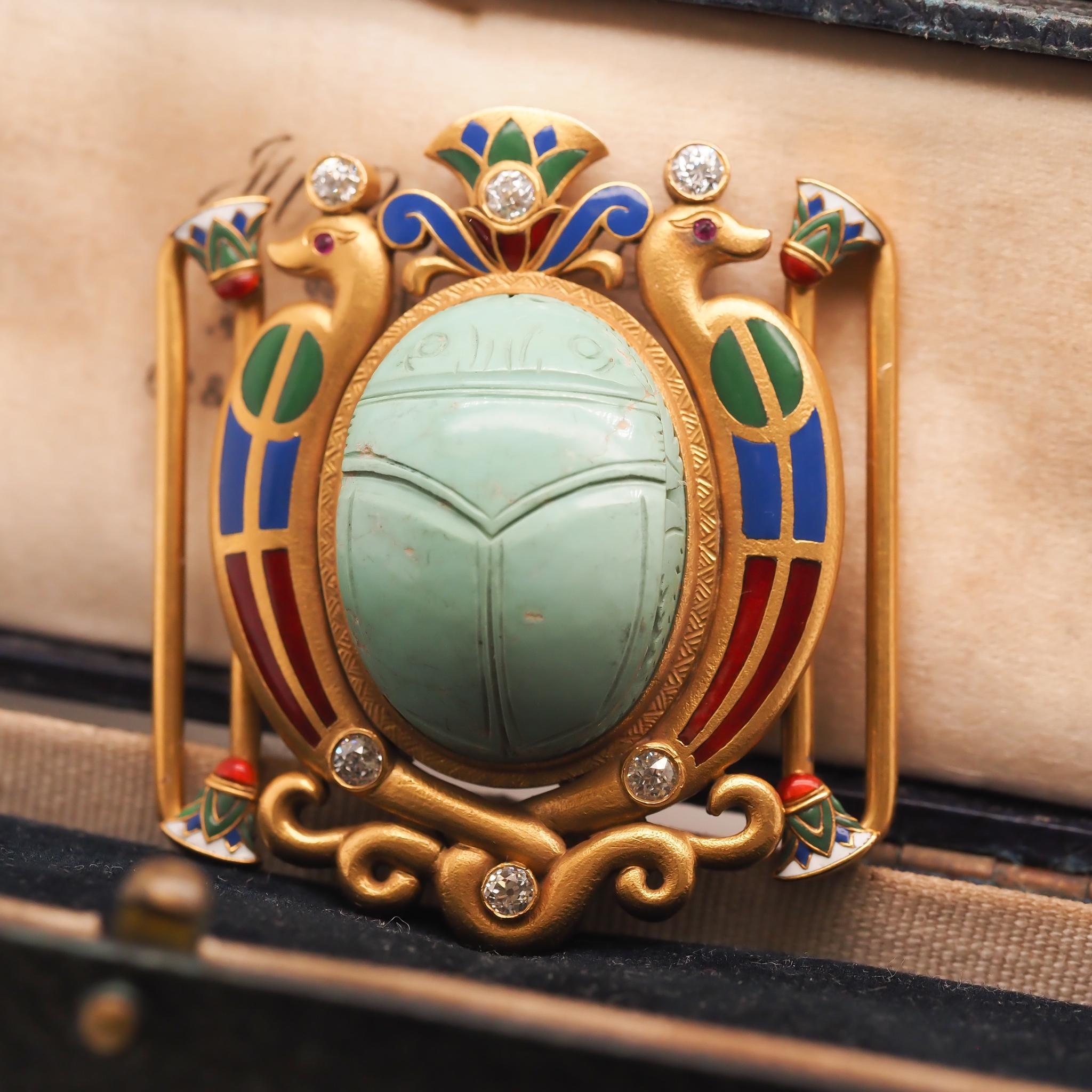 Old European Cut Circa 1920s Egyptian Revival 18K Scarab Belt Buckle with Enamel and Diamonds For Sale