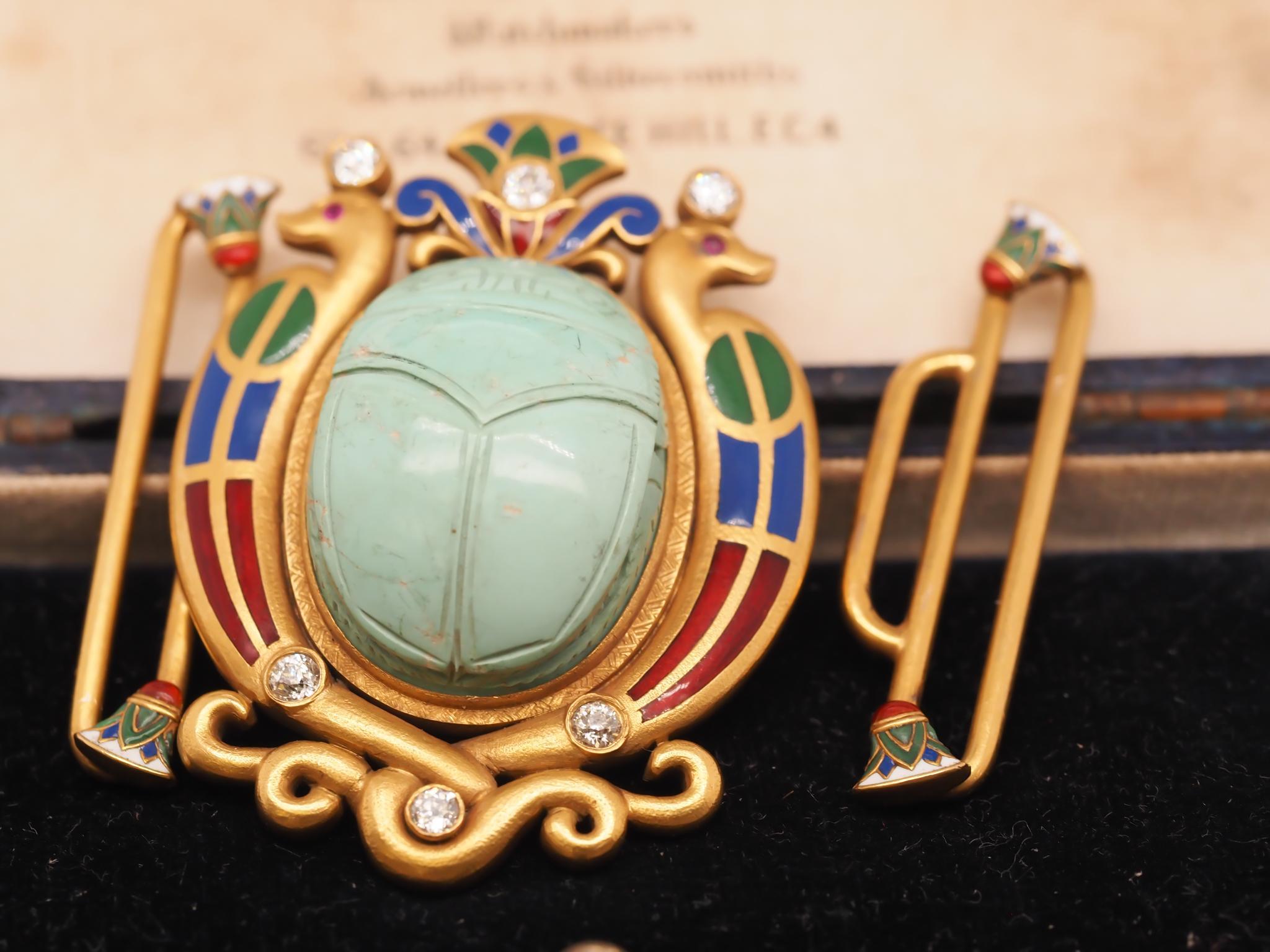 Circa 1920s Egyptian Revival 18K Scarab Belt Buckle with Enamel and Diamonds In Good Condition For Sale In Hicksville, NY