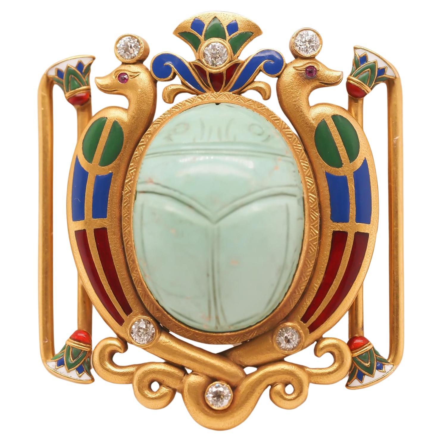 Circa 1920s Egyptian Revival 18K Scarab Belt Buckle with Enamel and Diamonds For Sale