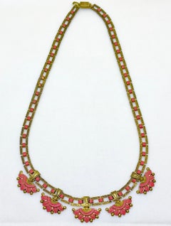 Circa 1920s Egyptian Revival Coral-Orange Enameled Necklace