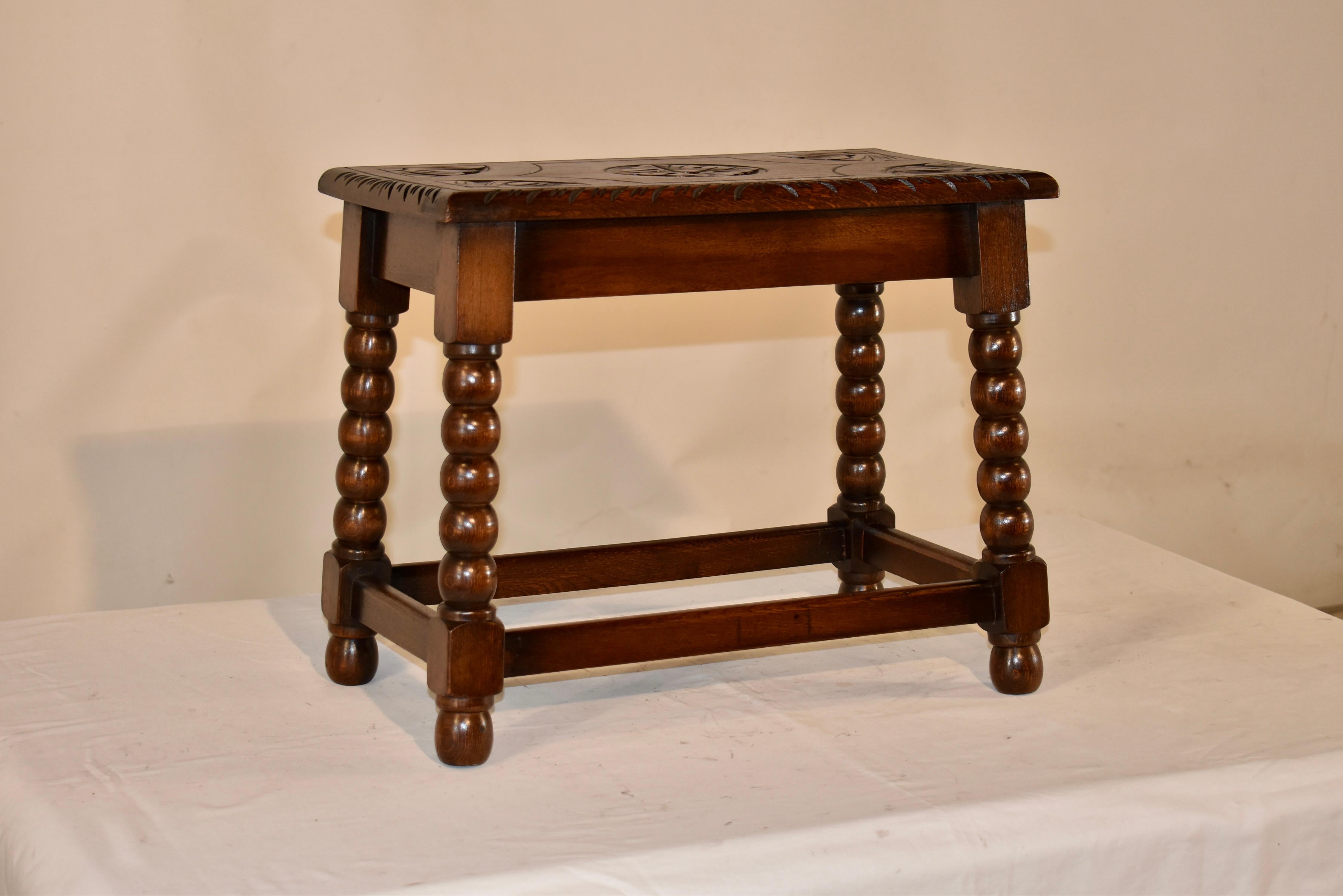 Circa 1920's English Oak Carved Joint Stool In Good Condition For Sale In High Point, NC