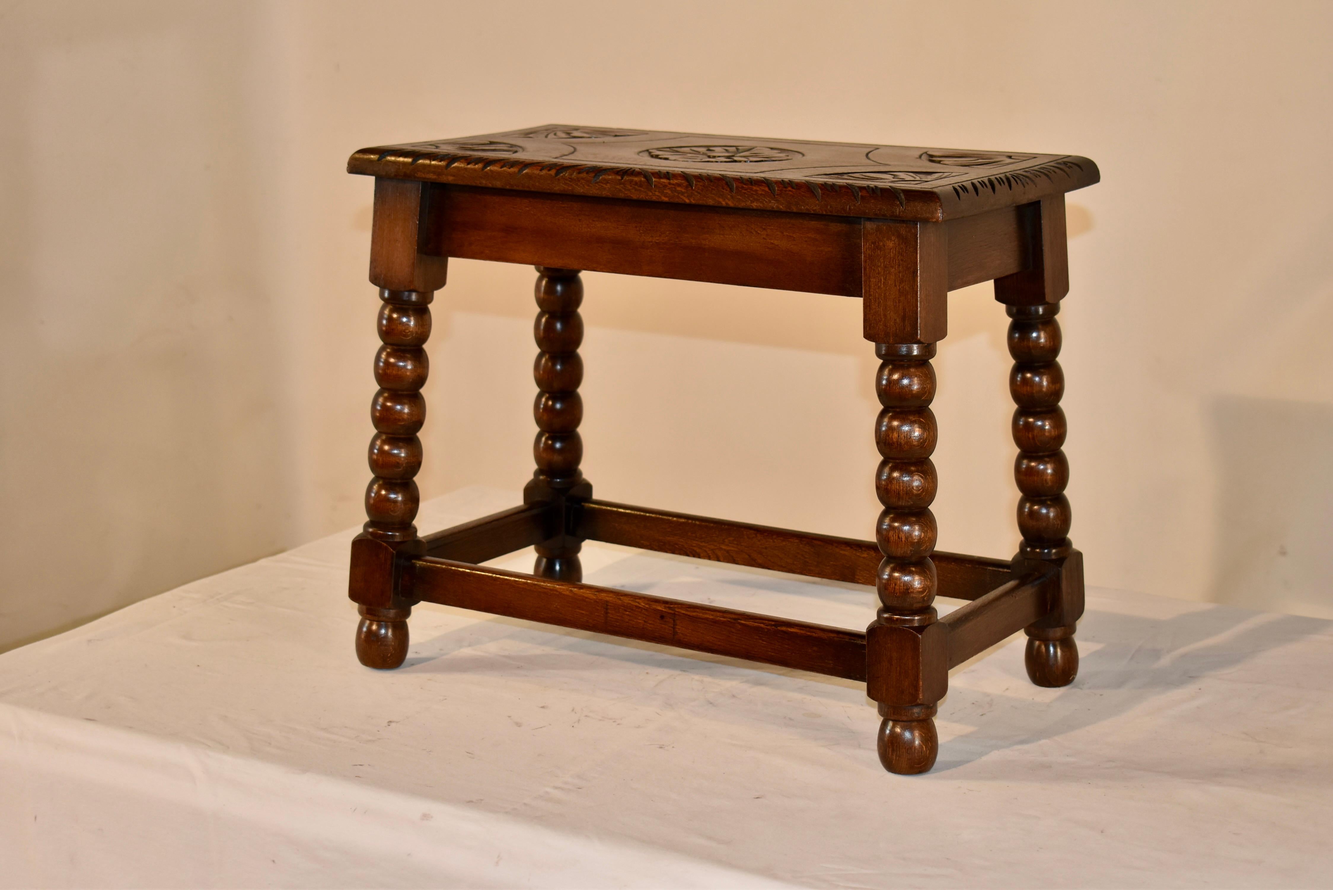 Early 20th Century Circa 1920's English Oak Carved Joint Stool For Sale