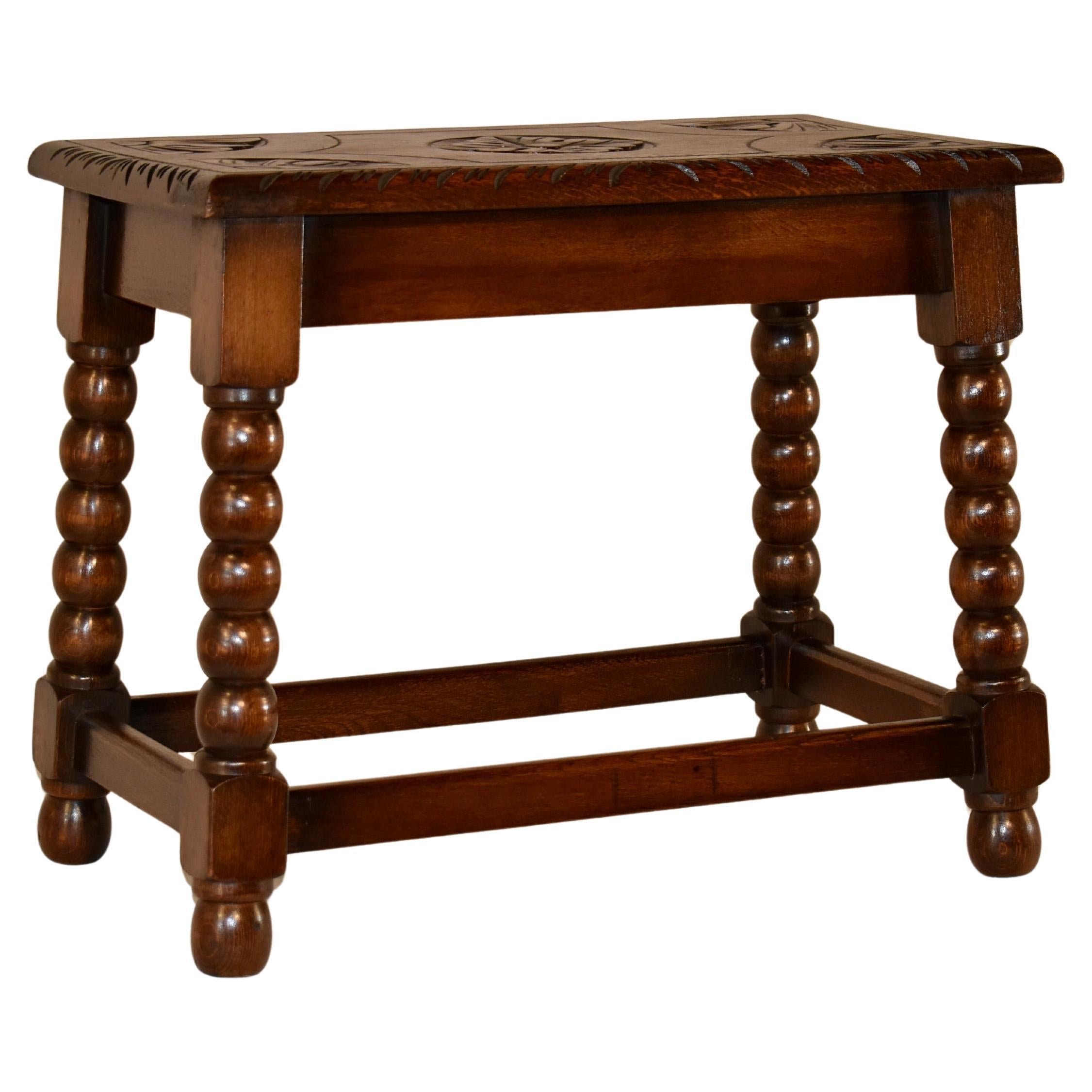 Circa 1920's English Oak Carved Joint Stool For Sale