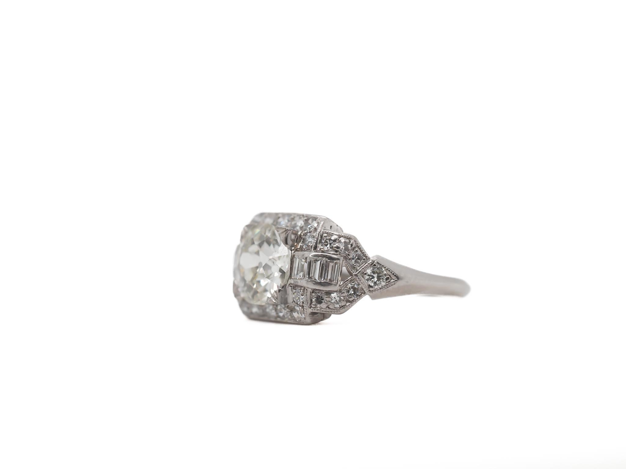 Year: 1920s

Item Details:
Ring Size: 6.25
Metal Type: Platinum [Hallmarked, and Tested]
Weight: 4.1 grams

Center Diamond Details:

GIA Report#: 2231441028
Weight: 1.46ct total weight
Cut: Old European brilliant
Color: M
Clarity: SI1
Type: