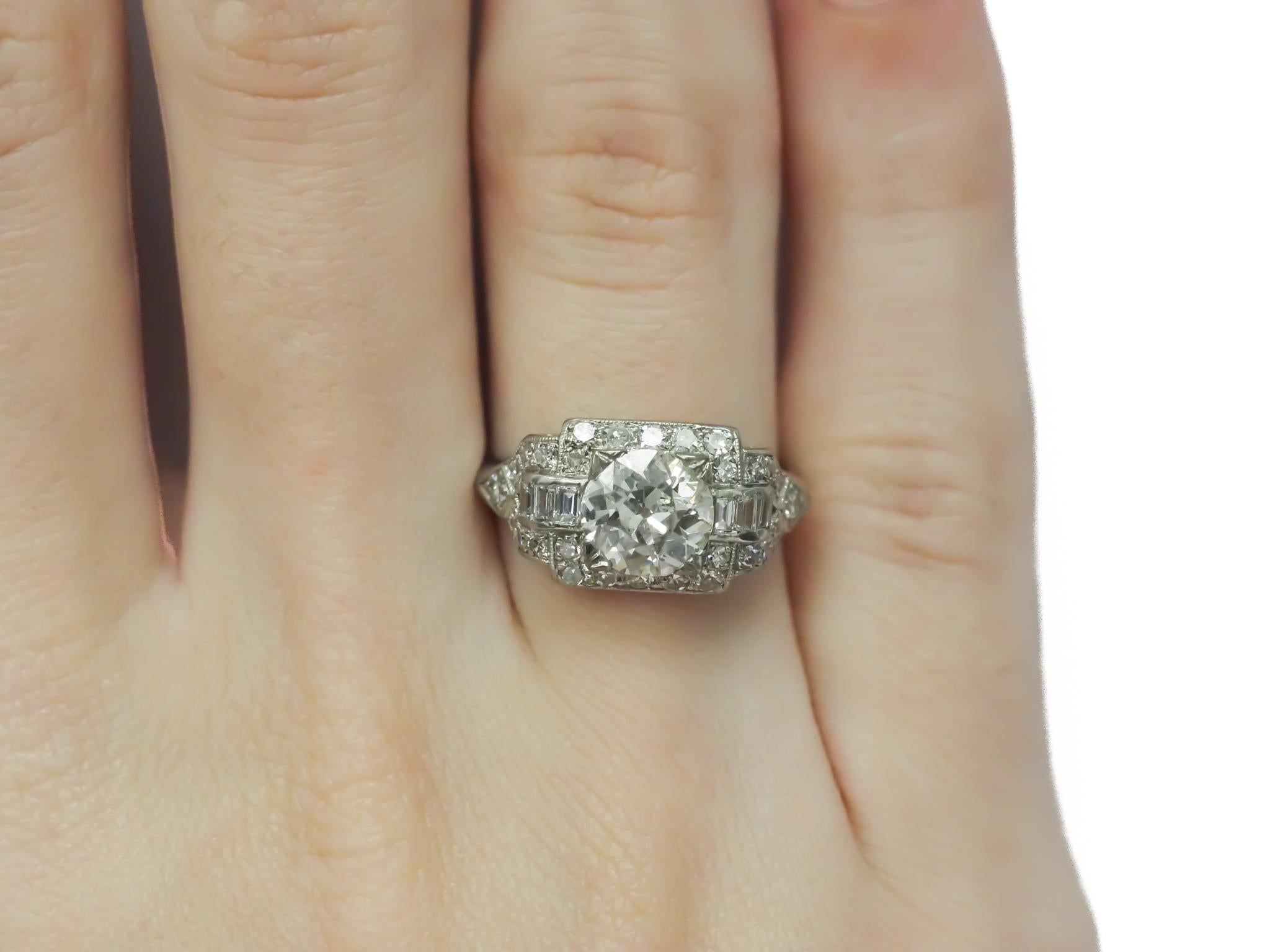 Circa 1920s GIA 1.46ct Old European Diamond Platinum Engagement Ring In Good Condition For Sale In Hicksville, NY