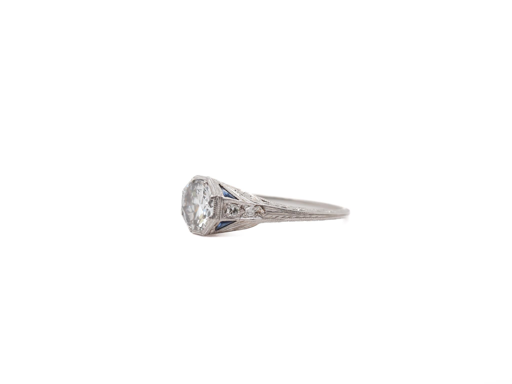 Year: 1920s

Item Details:
Ring Size: 6.5
Metal Type: Platinum [Hallmarked, and Tested]
Weight: 2.6 grams

Center Diamond Details:

GIA Report#:5231428223
Weight: .95ct total weight
Cut: Old European brilliant
Color: E
Clarity: SI1
Type: