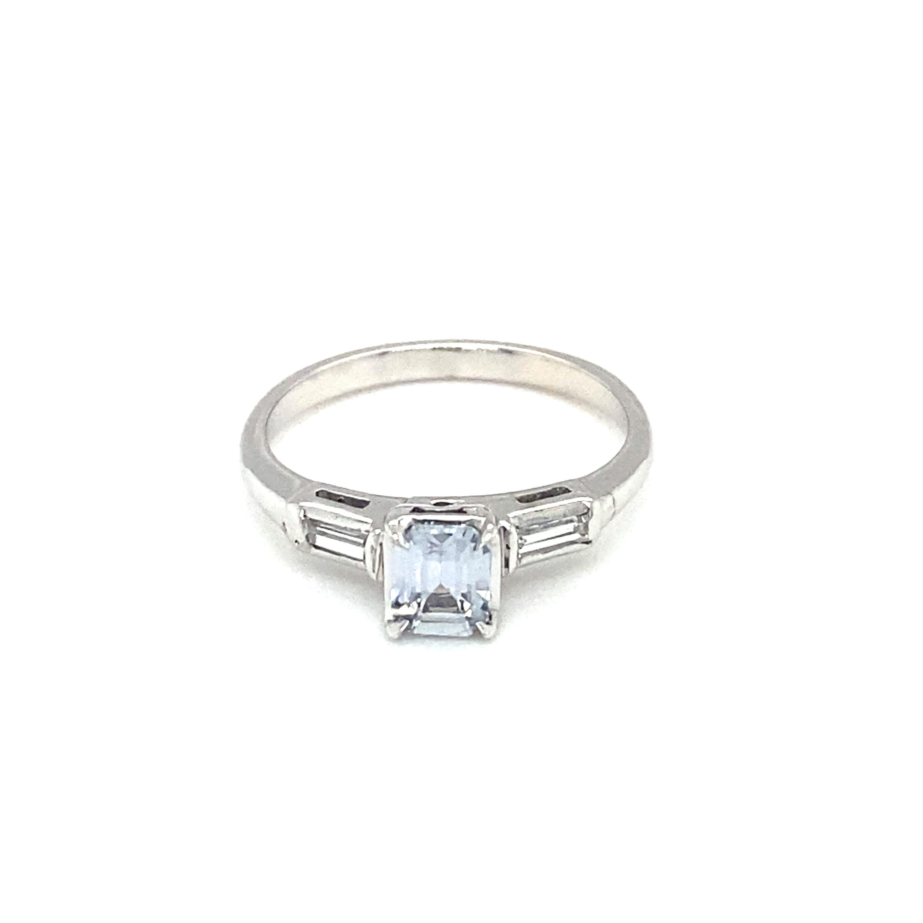 Emerald Cut Circa 1920s No Heat Sapphire and Diamond Ring in 14 Karat White Gold For Sale
