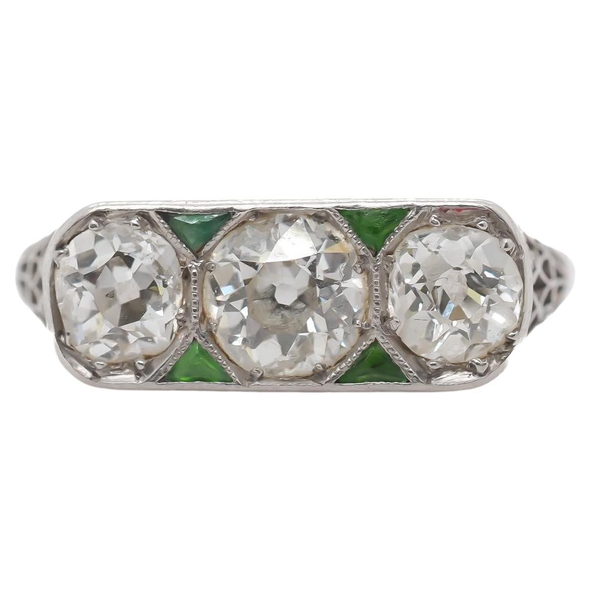 Circa 1920s Old European 3 Stone Diamond and Emerald Engagement Ring
